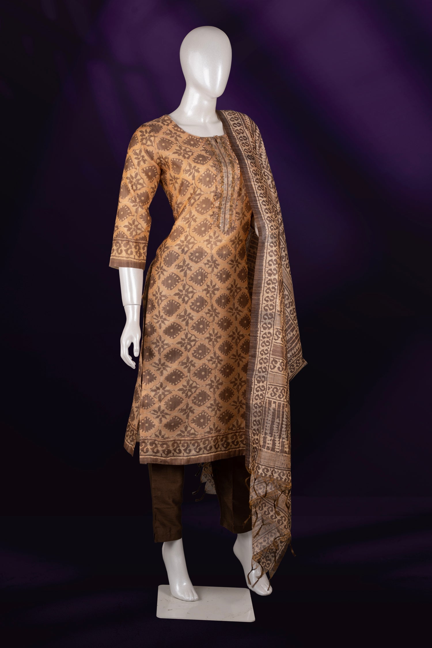 Chikoo Colour Tussar Silk Straight Cut Salwar Suit -Salwar Suit- Just Salwars