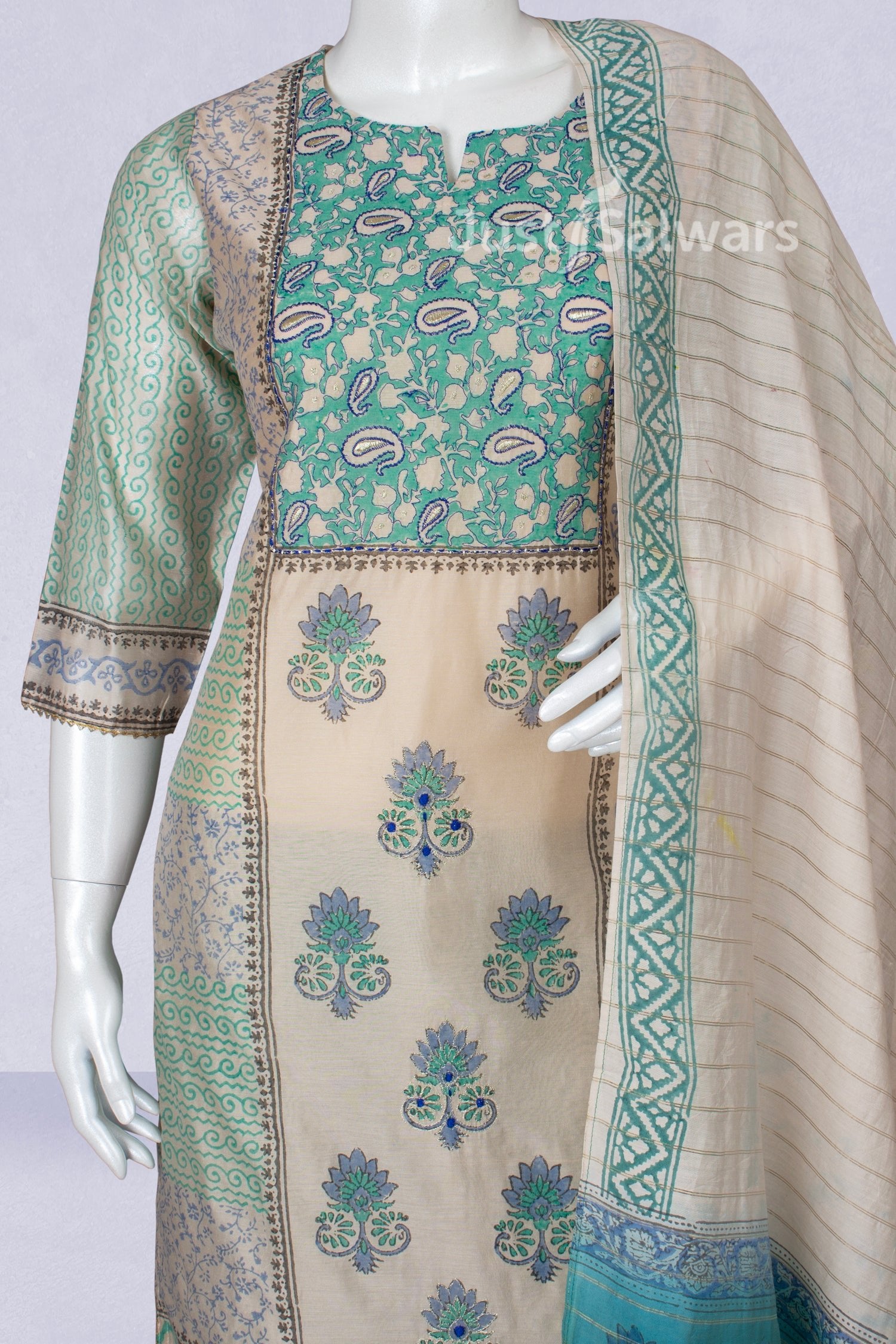 Cream and Cyan Colour Straight Cut Salwar Suit -Salwar Suit- Just Salwars
