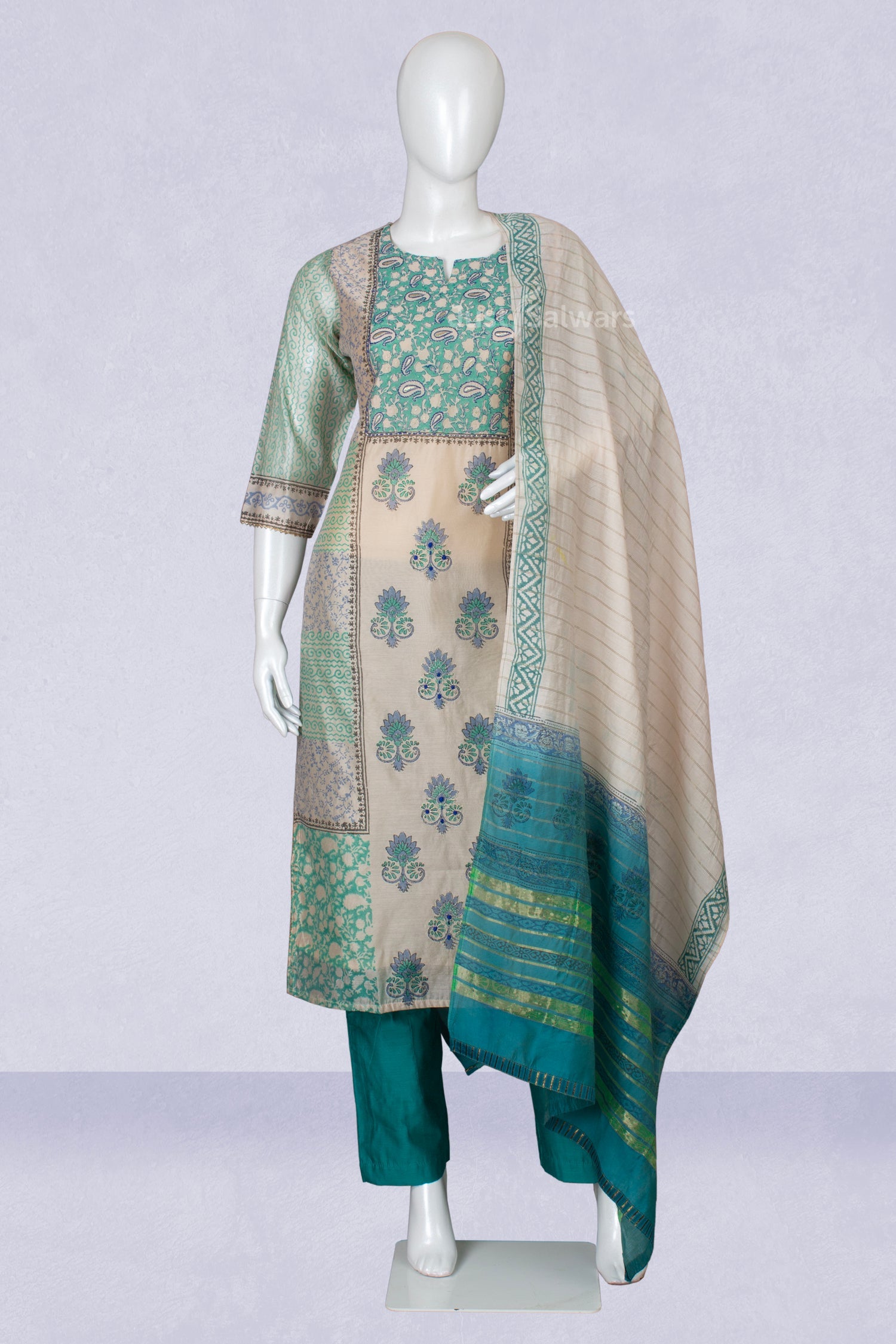 Cream and Cyan Colour Straight Cut Salwar Suit -Salwar Suit- Just Salwars