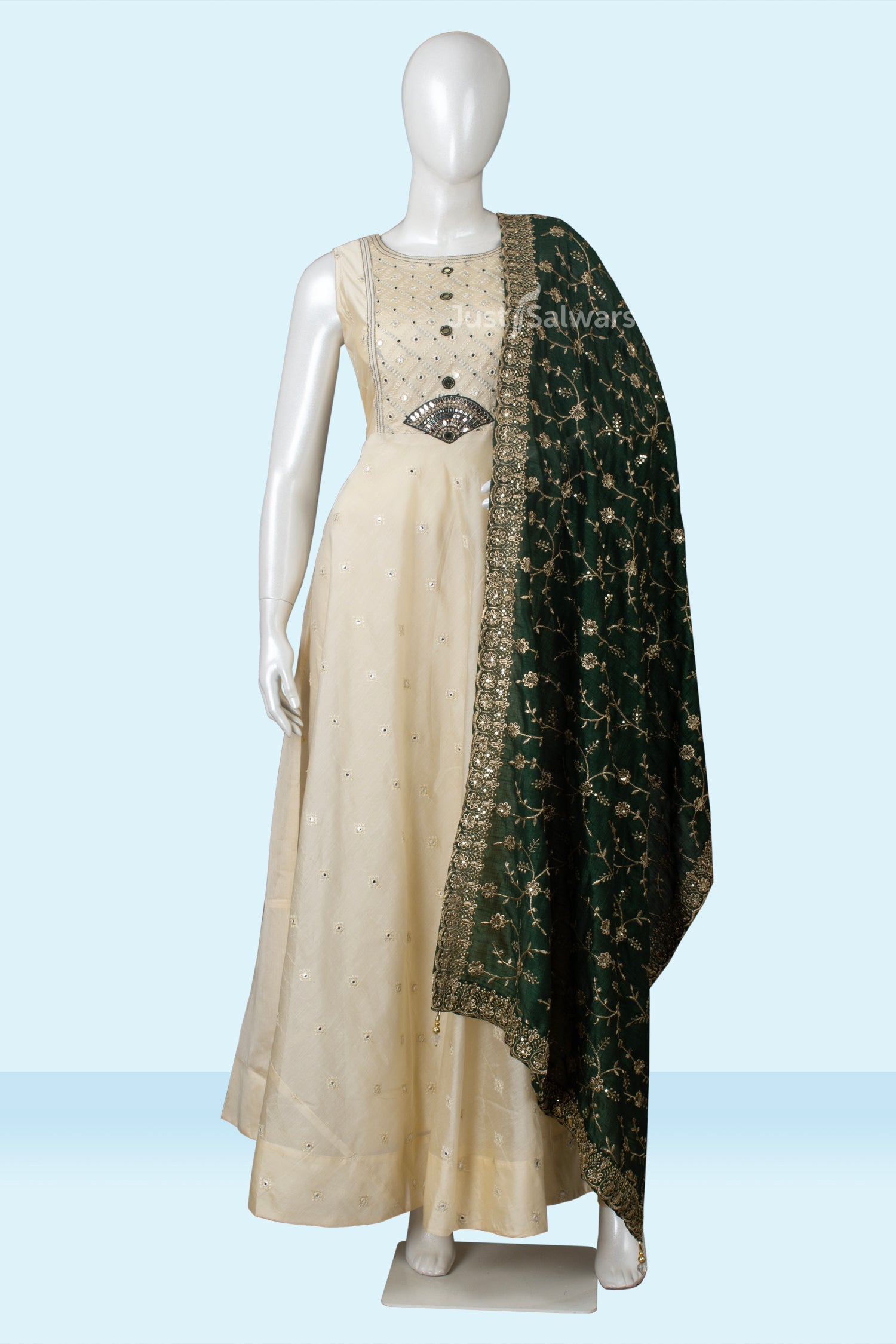 Cream and Green Colour Anarkali Suit Set -Anarkali- Just Salwars