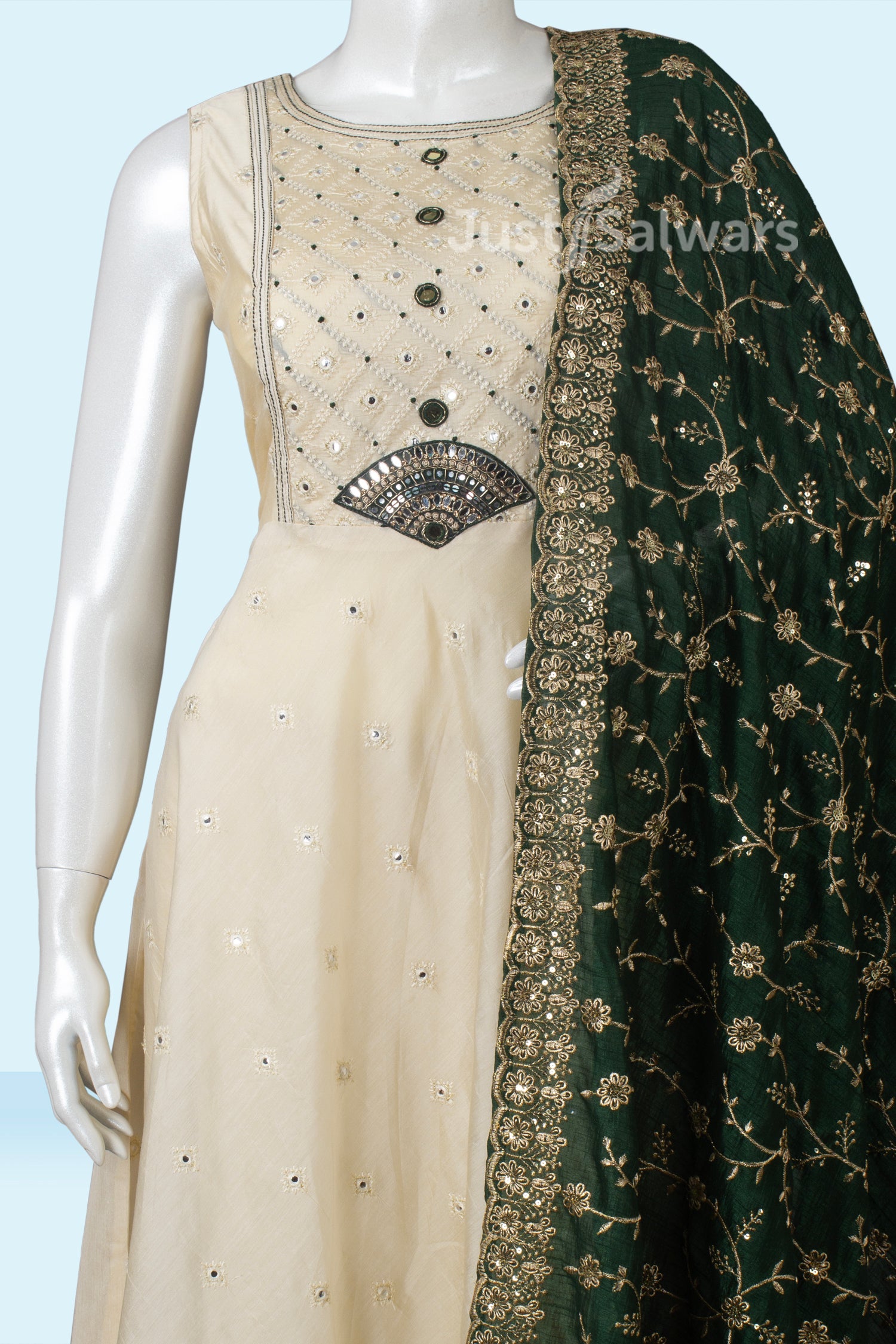 Cream and Green Colour Anarkali Suit Set -Anarkali- Just Salwars