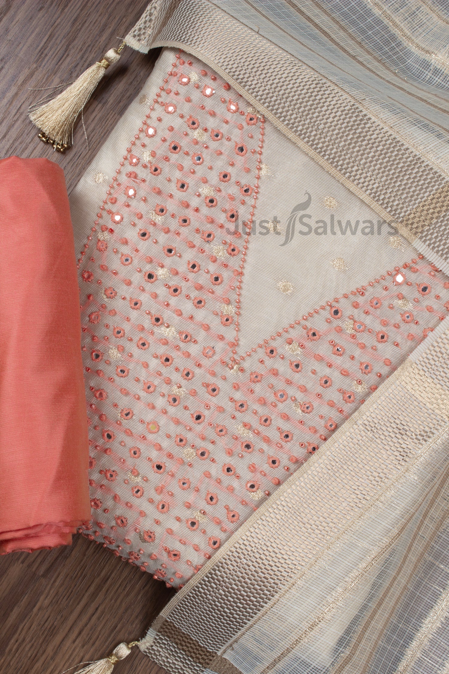 Cream and Orange Colour Silk Cotton Dress Material -Dress Material- Just Salwars