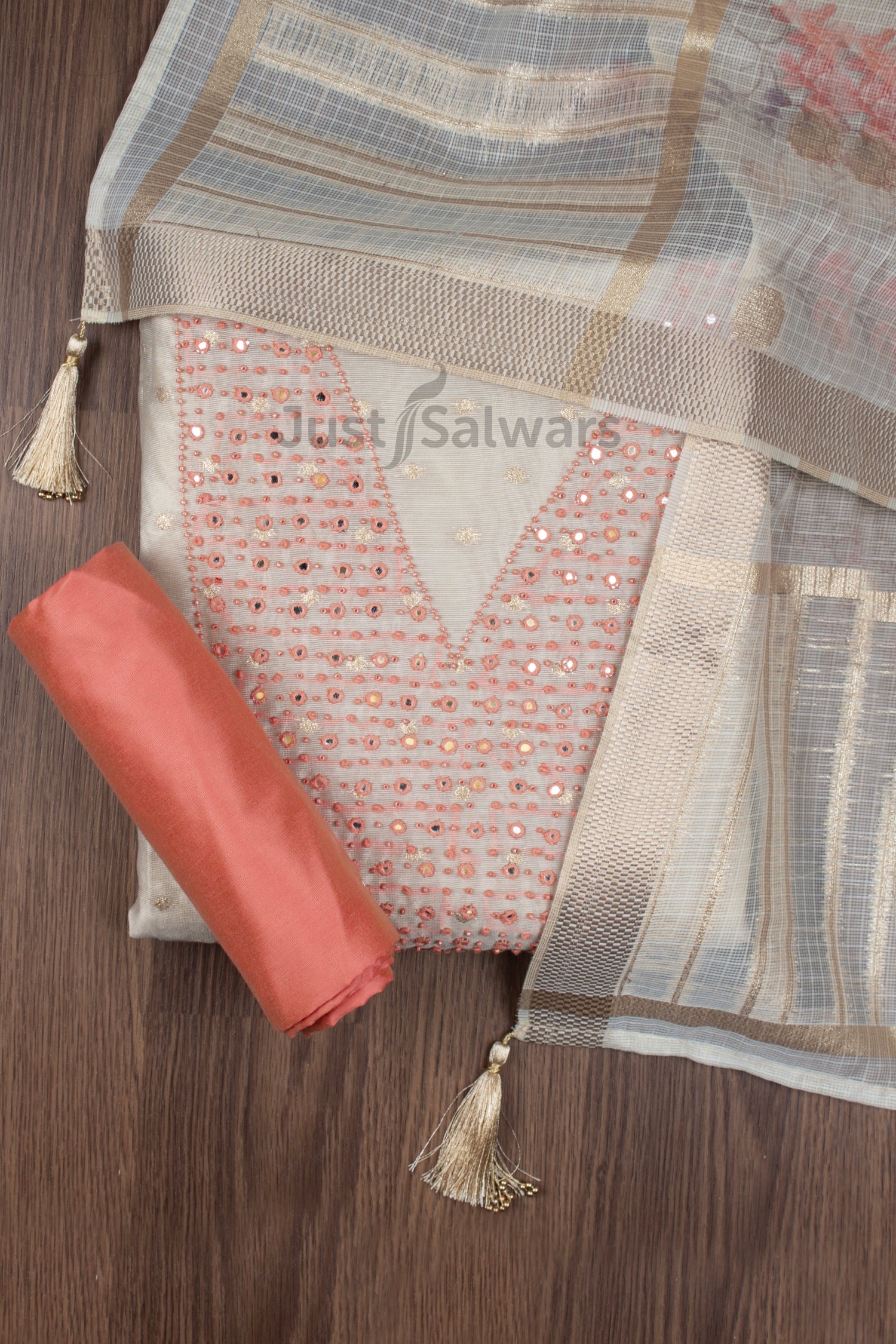 Cream and Orange Colour Silk Cotton Dress Material -Dress Material- Just Salwars
