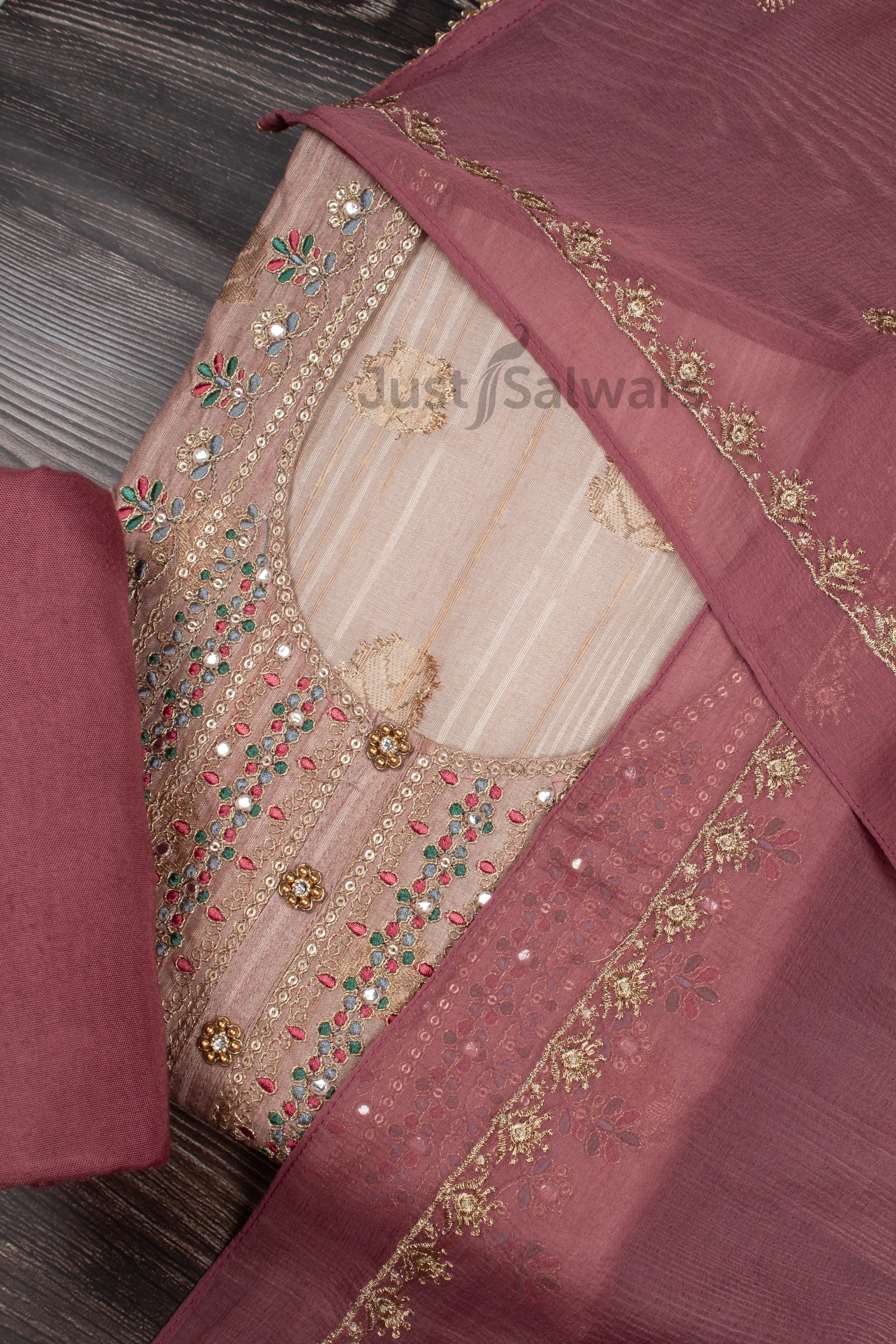 Cream and Pastel Red Colour Silk Cotton Unstitched Dress Material -Dress Material- Just Salwars