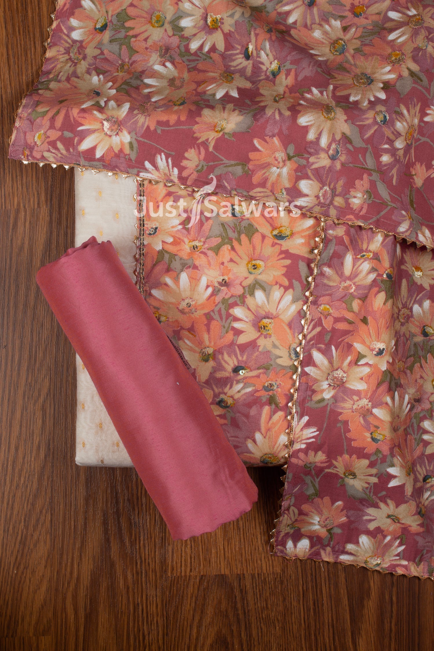 Cream and Peach Colour Silk Cotton Dress Material -Dress Material- Just Salwars