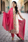 Cream and Peach Colour Silk Cotton Straight Cut Salwar Suit -Salwar Suit- Just Salwars