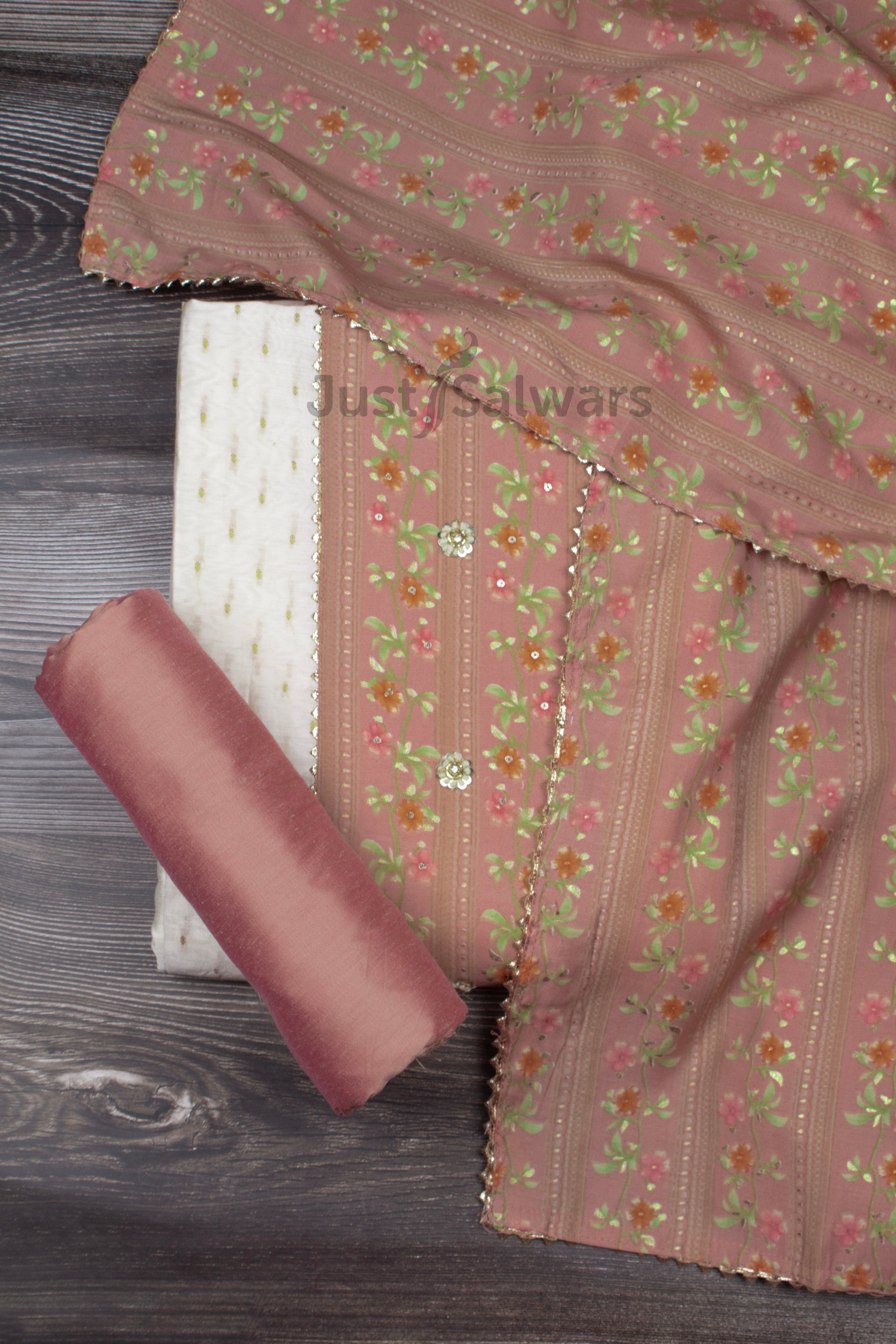 Cream and Peach Colour Silk Cotton Unstitched Dress Material -Dress Material- Just Salwars