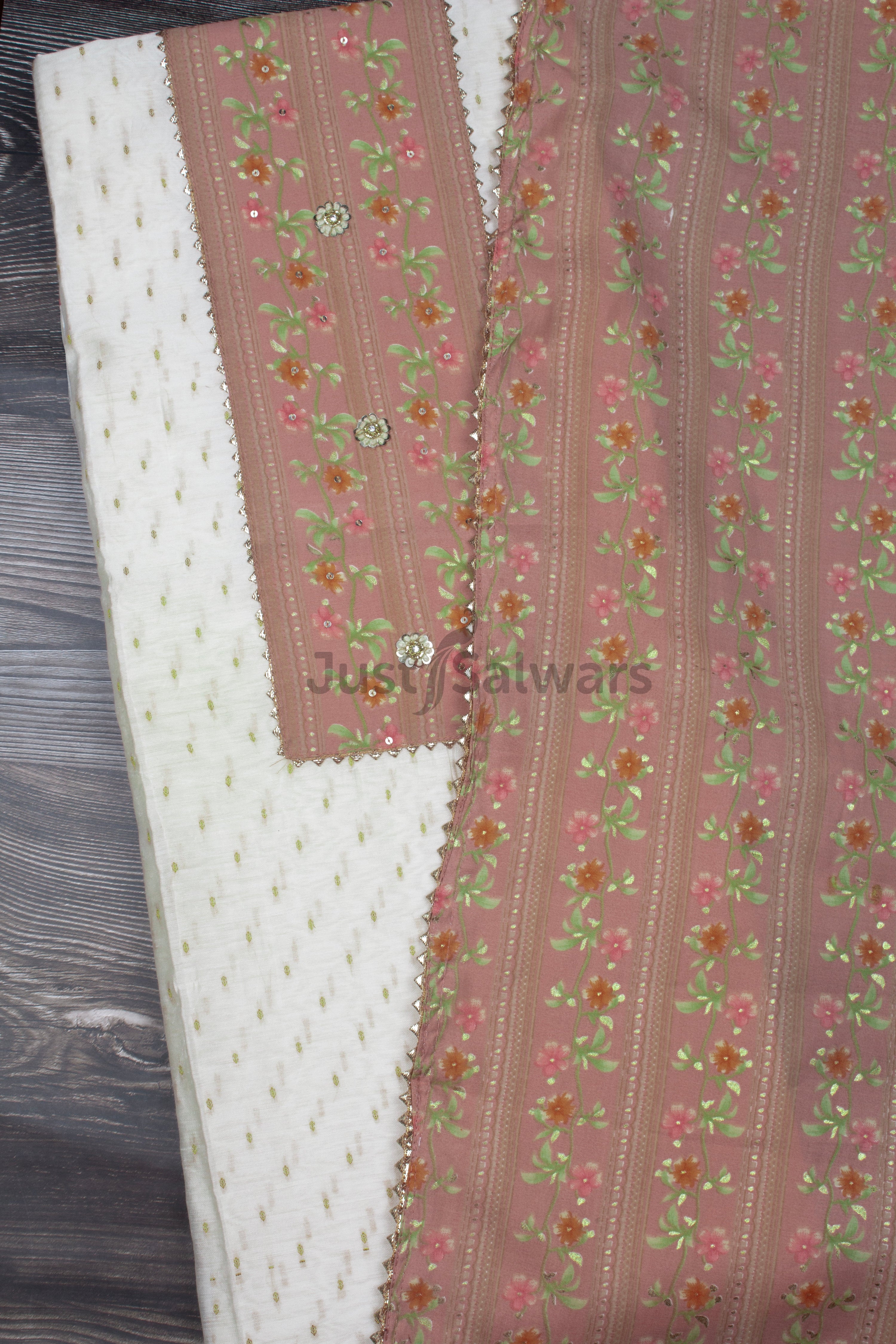 Cream and Peach Colour Silk Cotton Unstitched Dress Material -Dress Material- Just Salwars
