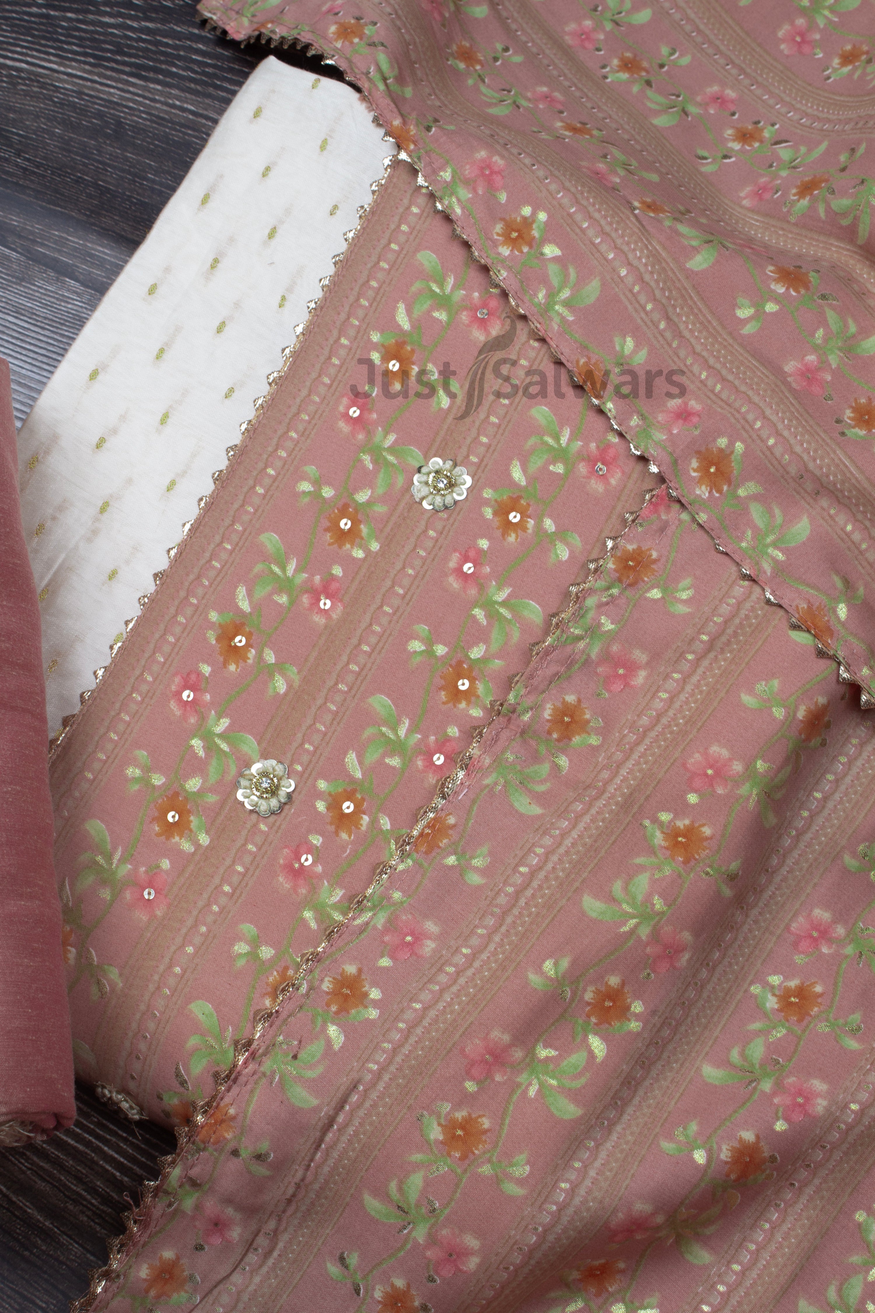 Cream and Peach Colour Silk Cotton Unstitched Dress Material -Dress Material- Just Salwars