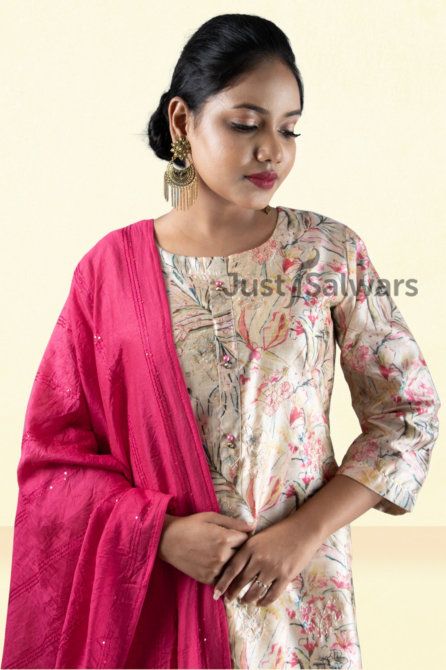 Cream and Pink Colour Silk Cotton Straight Cut Salwar Suit -Salwar Suit- Just Salwars