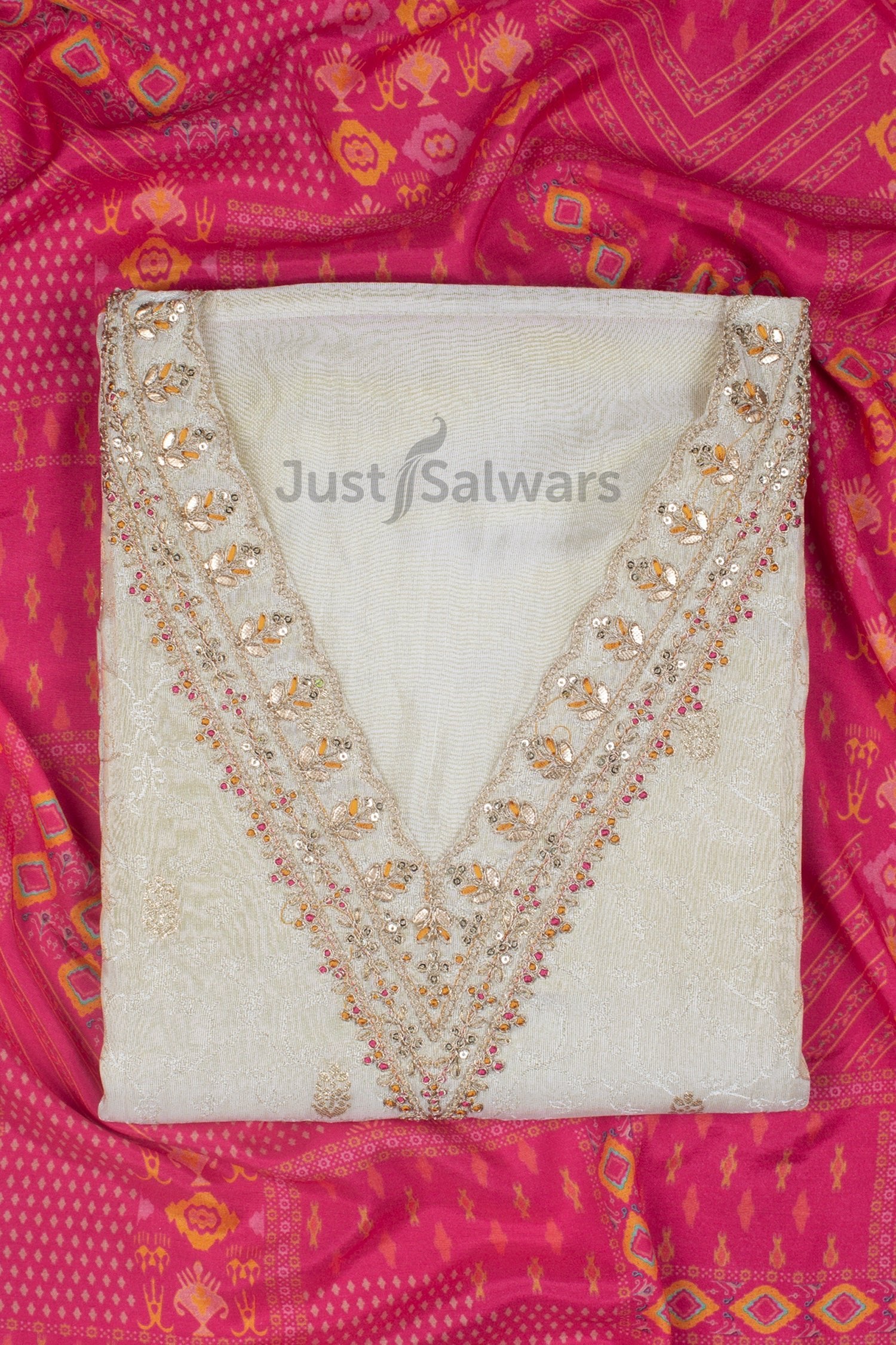 Cream and Pink Colour Silk V Neck Dress Material -Dress Material- Just Salwars