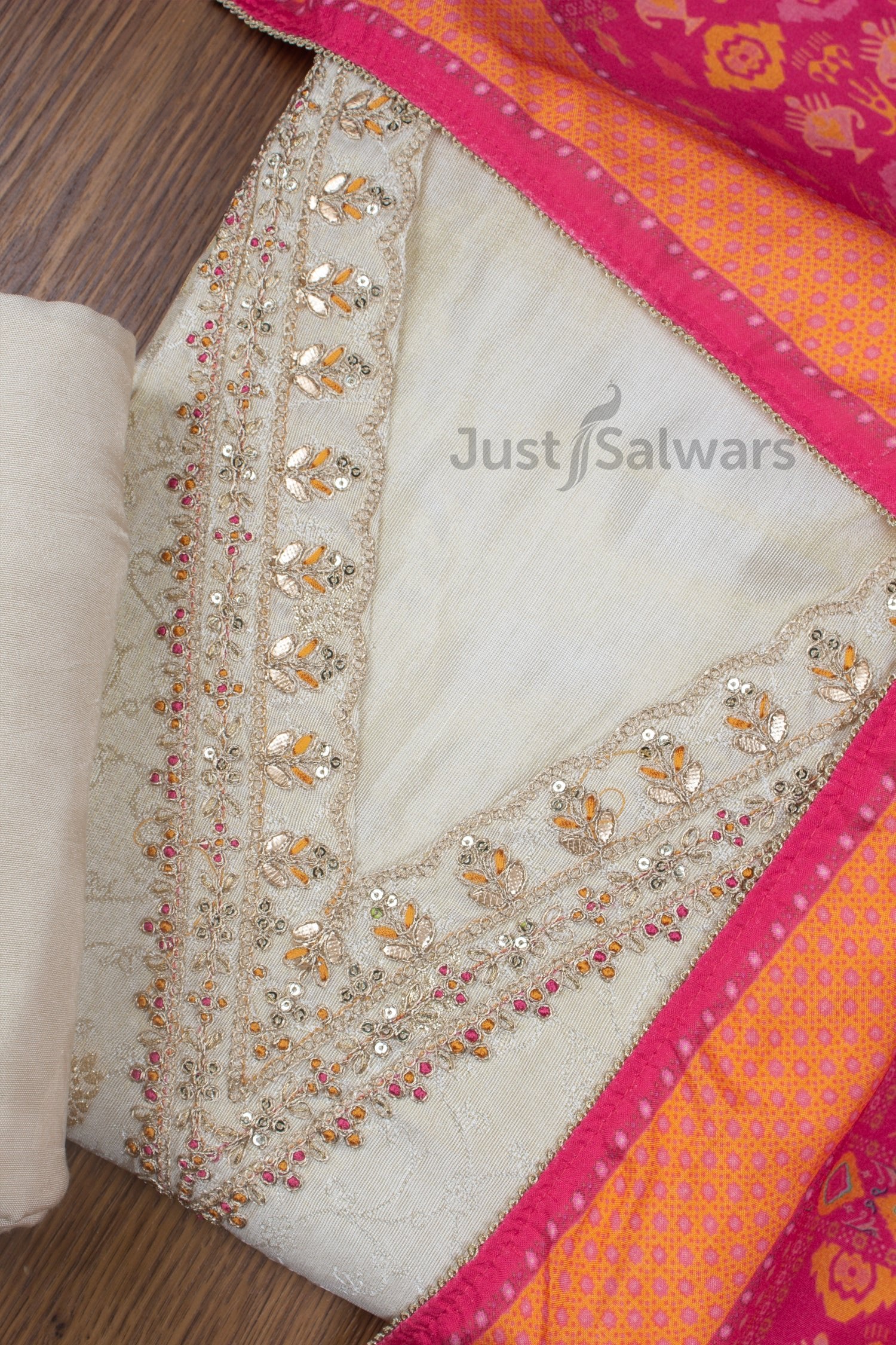 Cream and Pink Colour Silk V Neck Dress Material -Dress Material- Just Salwars