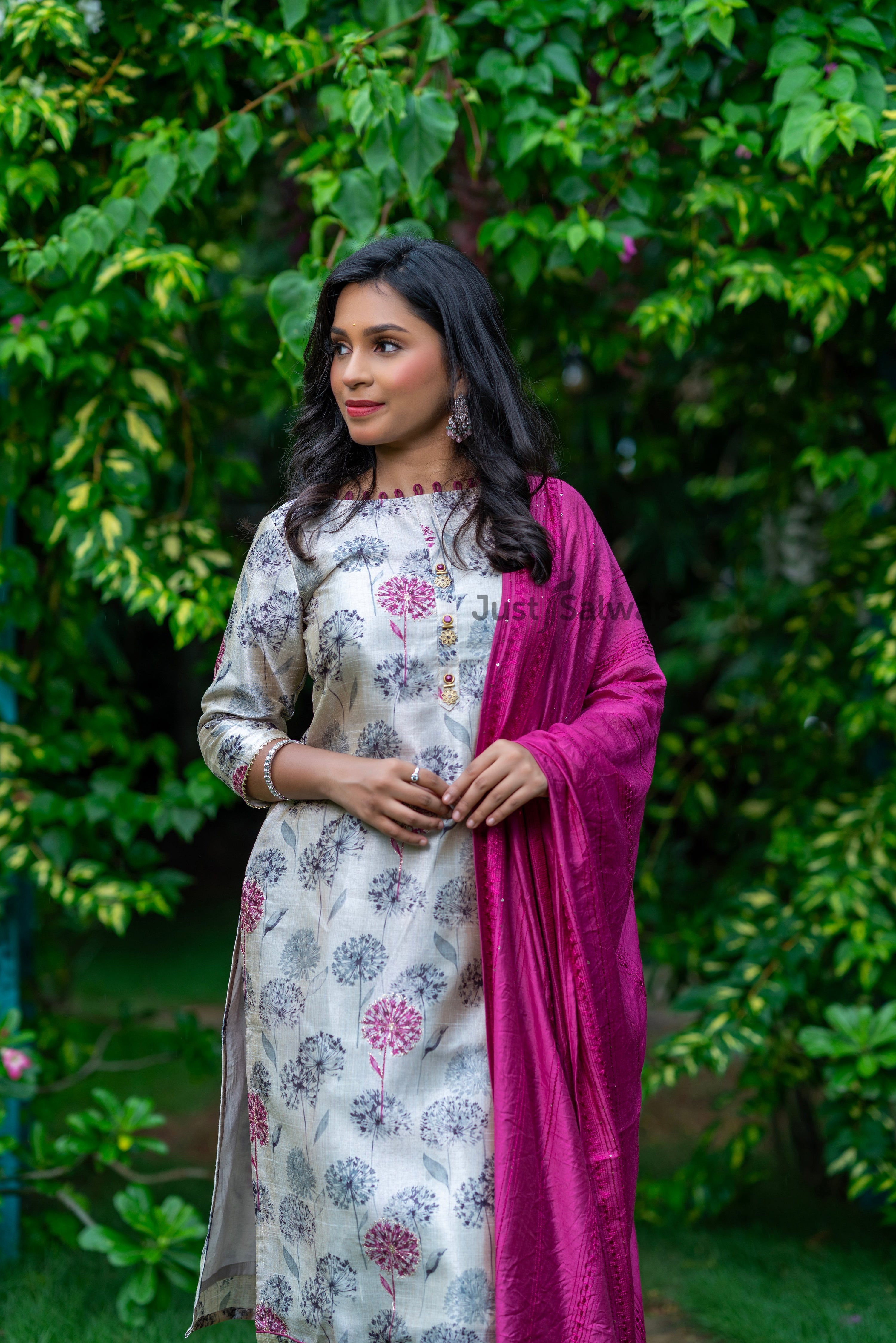 Cream and Pink Colour Unstitched Dress Material -Dress Material- Just Salwars