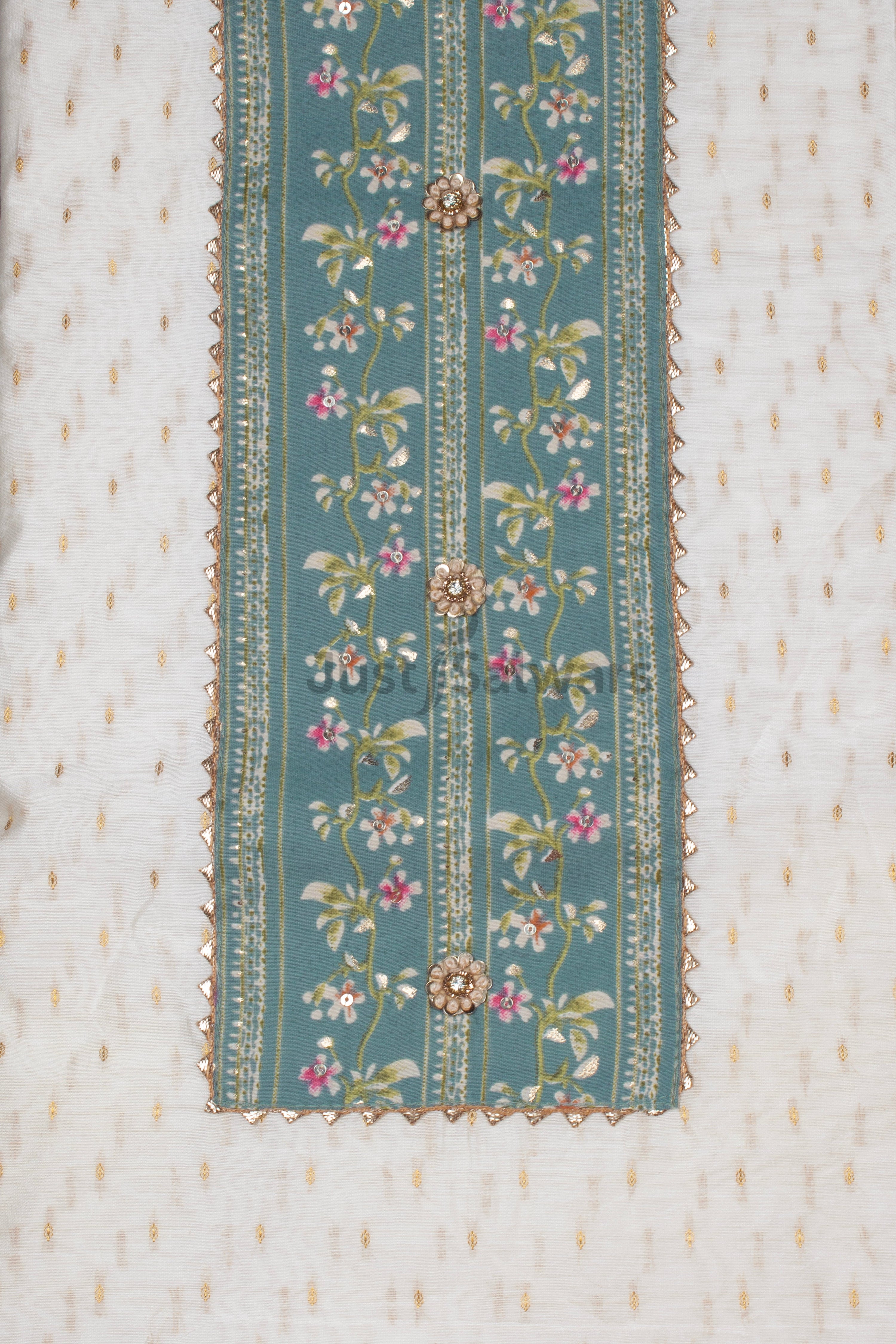 Cream and Rama Colour Silk Cotton Unstitched Dress Material -Dress Material- Just Salwars