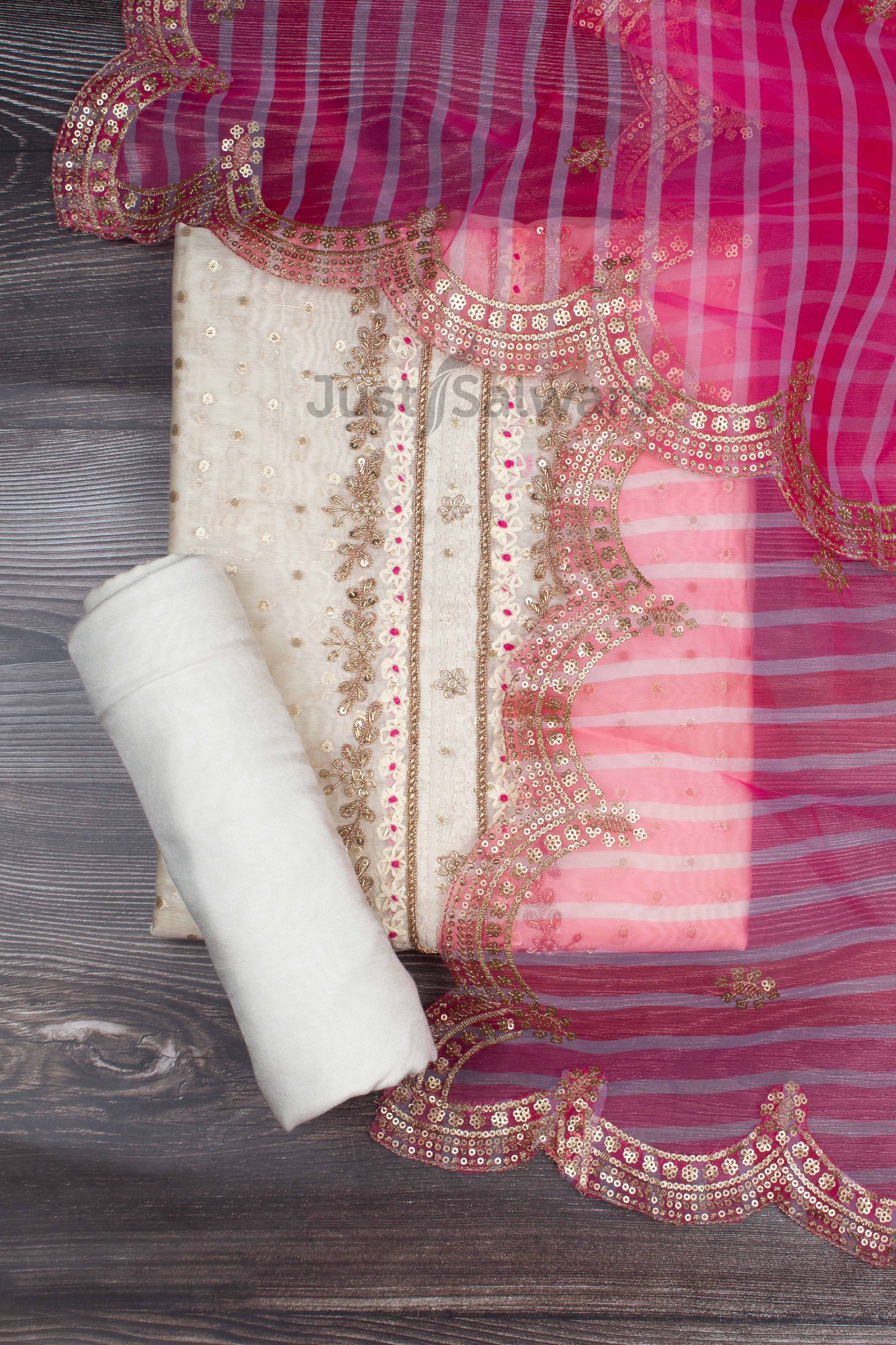Cream and Rani Pink Colour Silk Cotton Unstitched Dress Material -Dress Material- Just Salwars