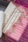 Cream and Rani Pink Colour Silk Cotton Unstitched Dress Material -Dress Material- Just Salwars