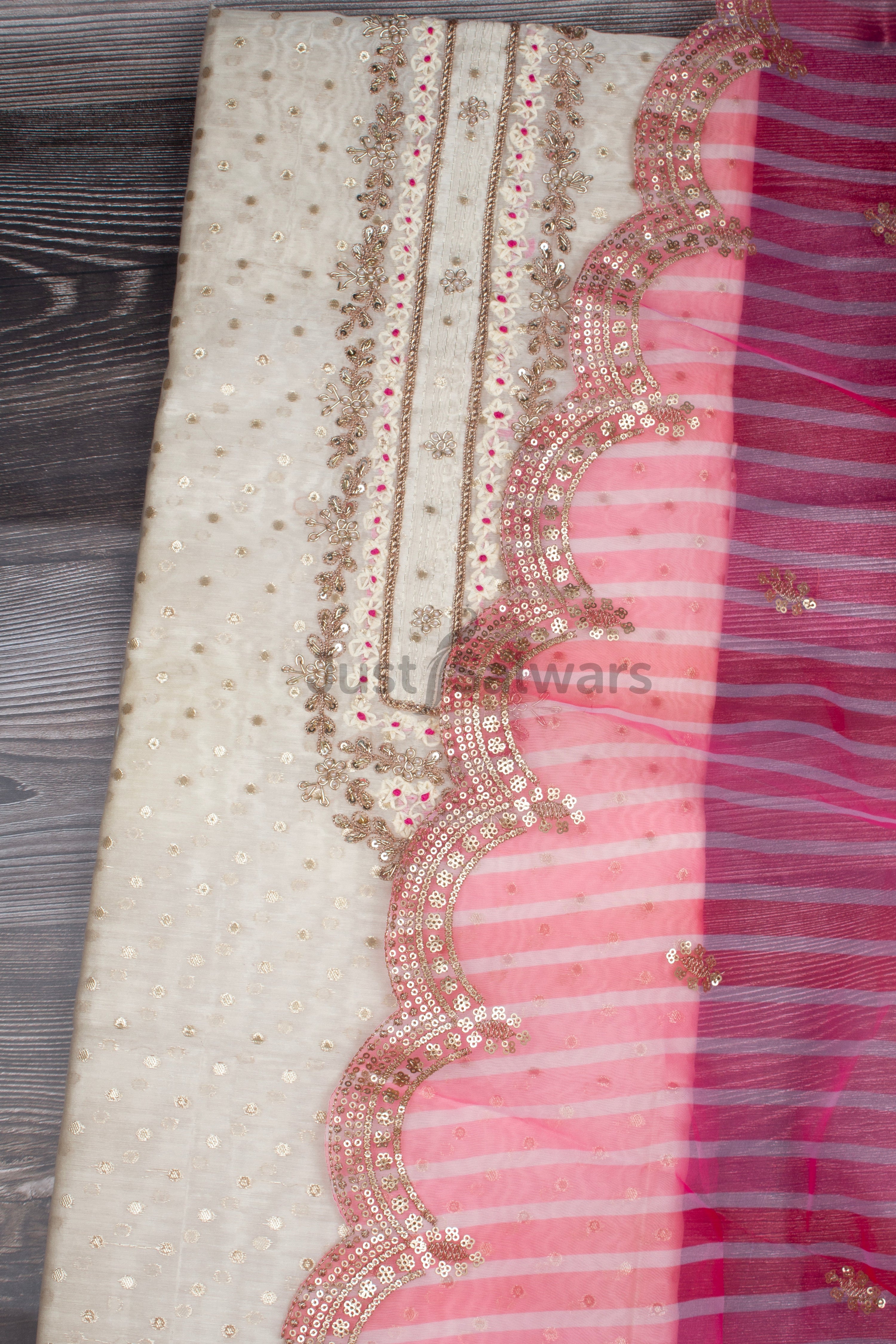 Cream and Rani Pink Colour Silk Cotton Unstitched Dress Material -Dress Material- Just Salwars