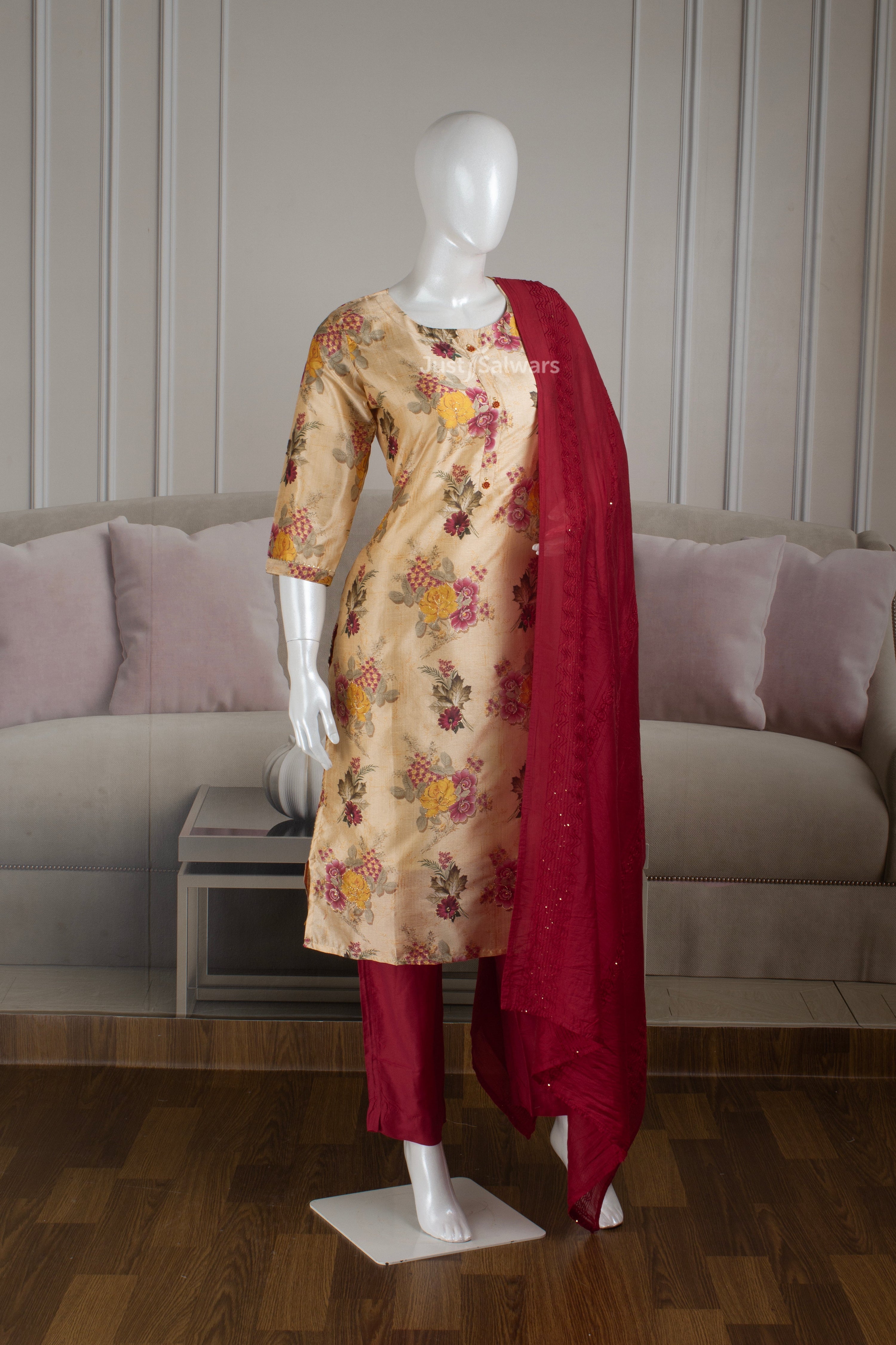 Cream and Red Colour Silk Cotton Straight Cut Salwar Suit -Salwar Suit- Just Salwars
