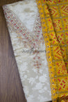 Cream and Yellow Colour Silk V Neck Dress Material -Dress Material- Just Salwars