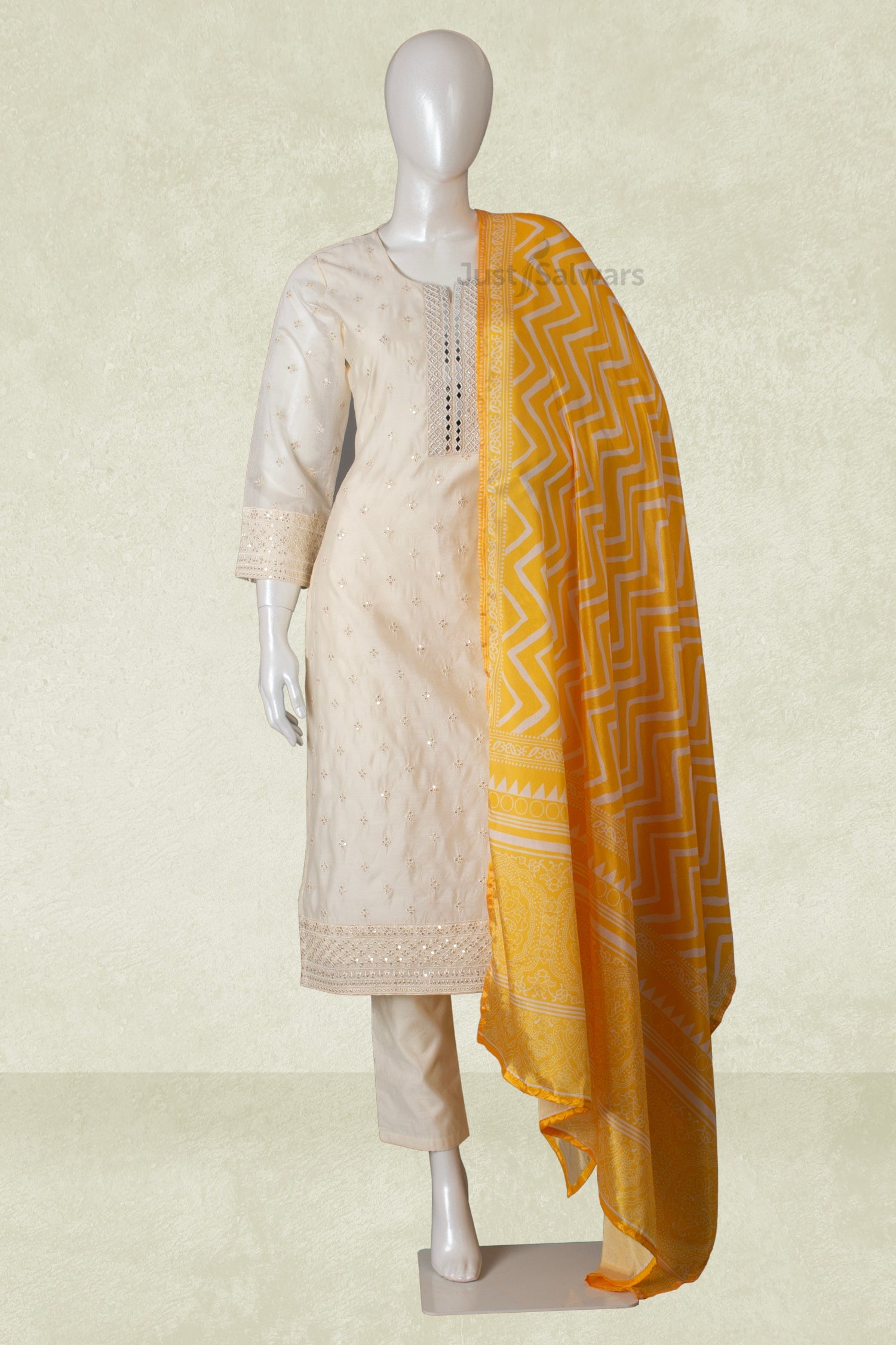 Cream Colour Straight Cut Salwar Suit -Salwar Suit- Just Salwars
