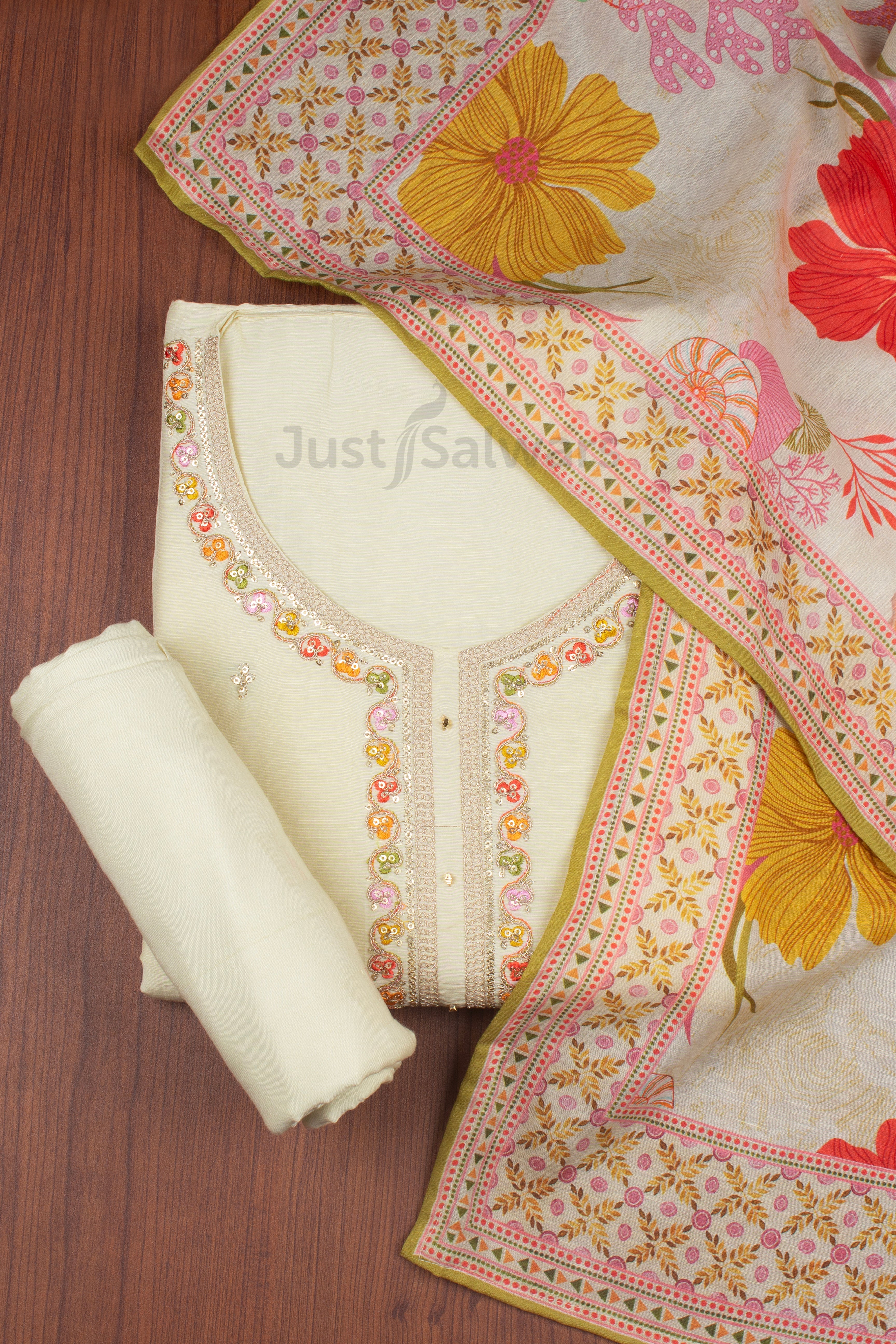 Cream Colour Unstitched Dress Material -Dress Material- Just Salwars