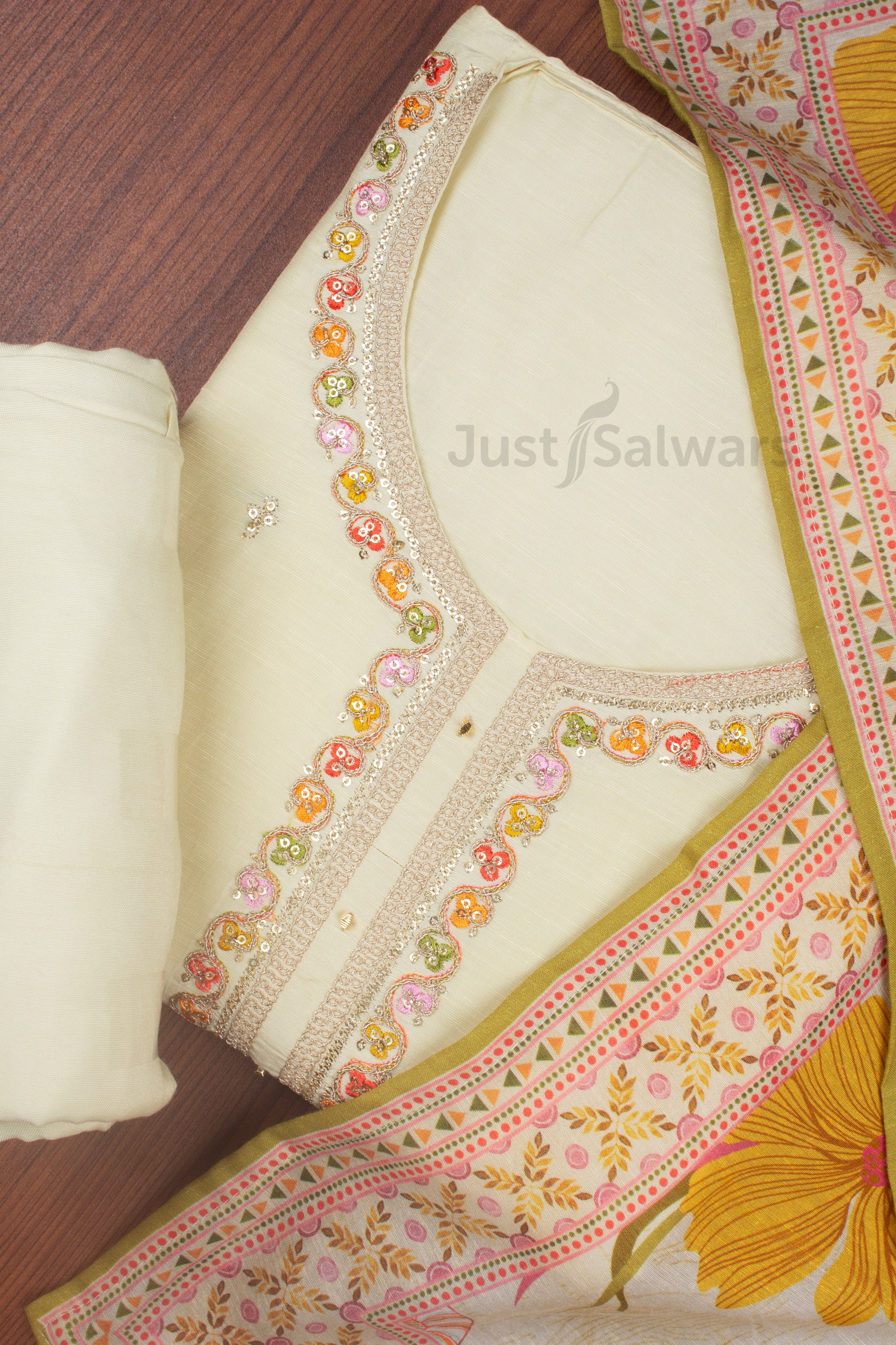 Cream Colour Unstitched Dress Material -Dress Material- Just Salwars