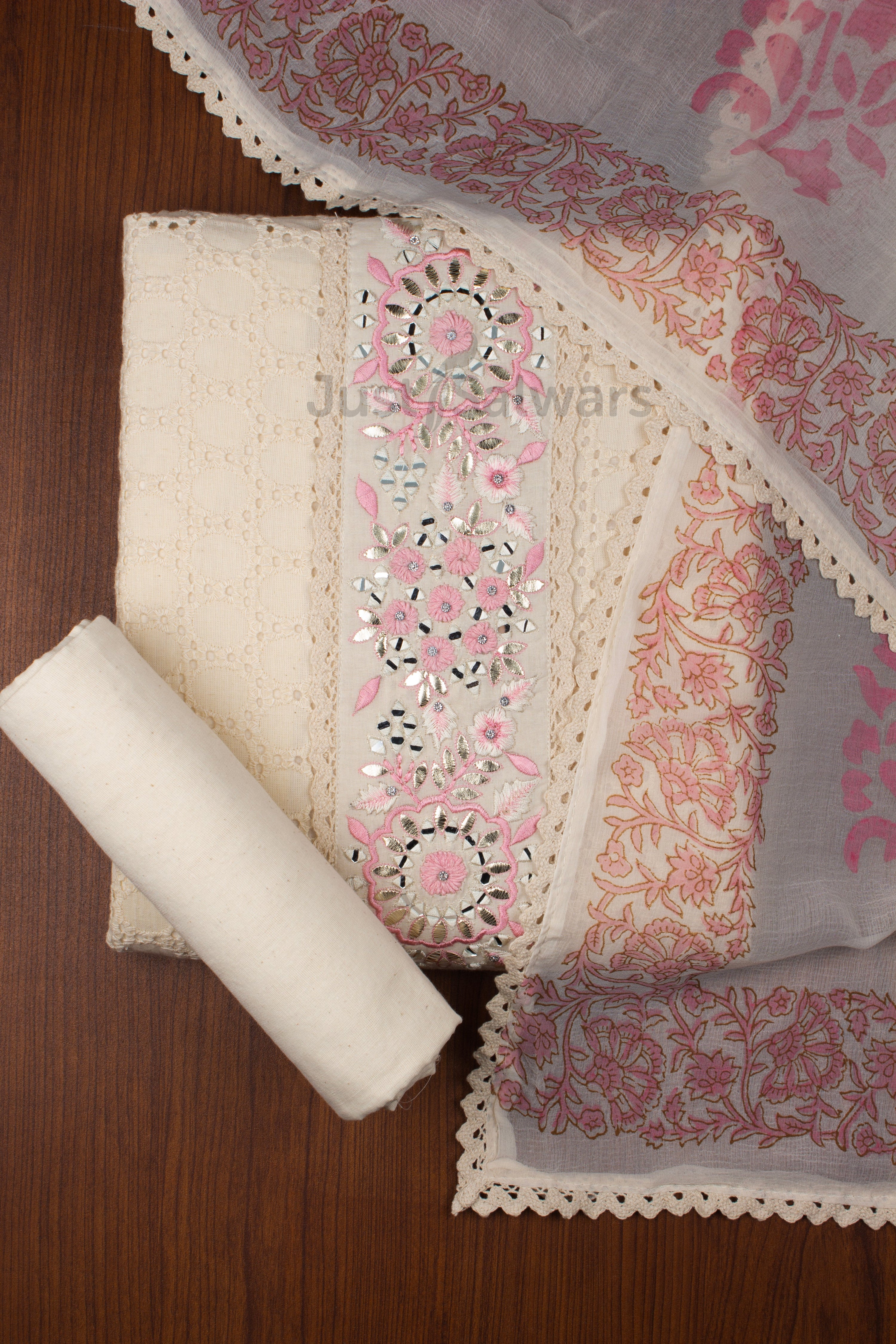 Cream Colour Unstitched Dress Material -Dress Material- Just Salwars