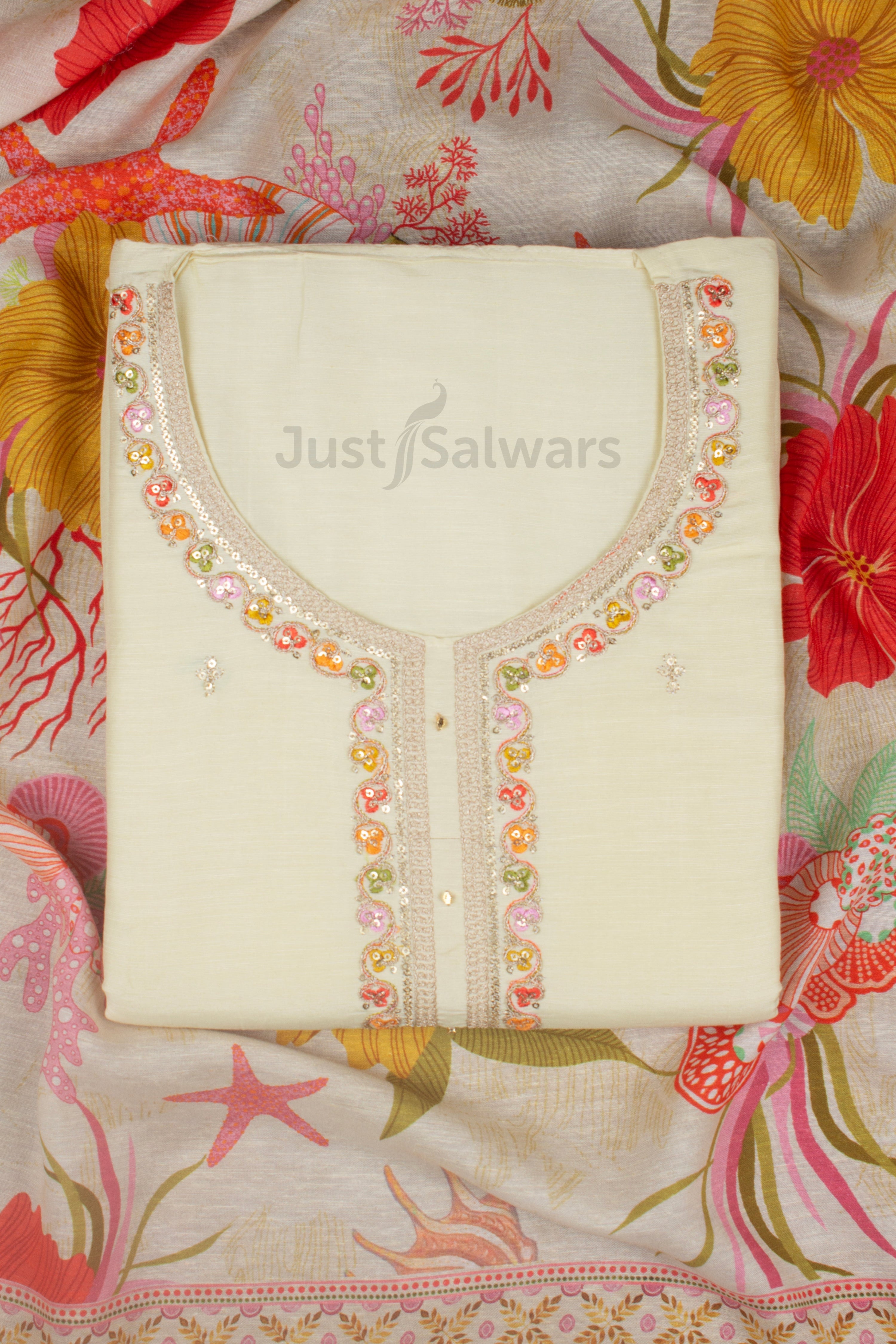 Cream Colour Unstitched Dress Material -Dress Material- Just Salwars