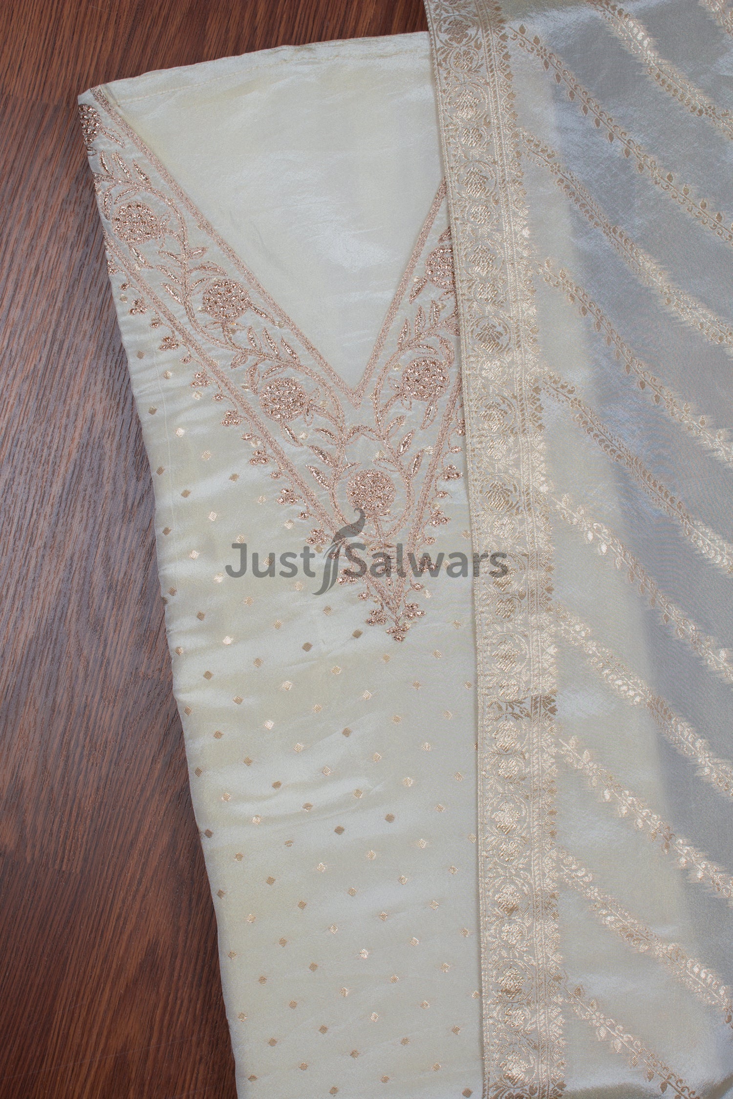 Cream Colour V Neck Silk Dress Material -Dress Material- Just Salwars