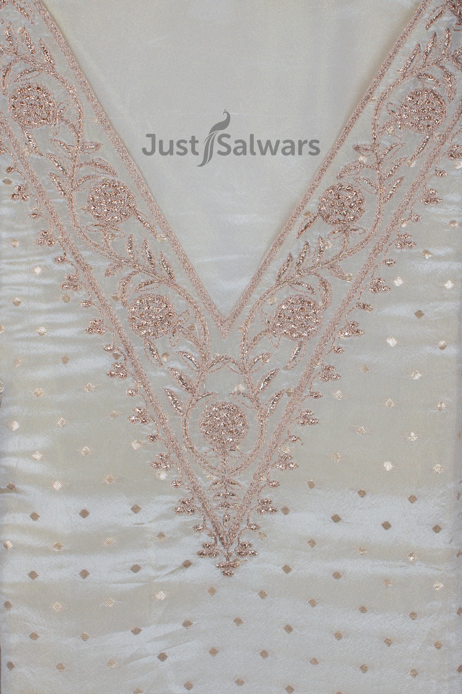 Cream Colour V Neck Silk Dress Material -Dress Material- Just Salwars