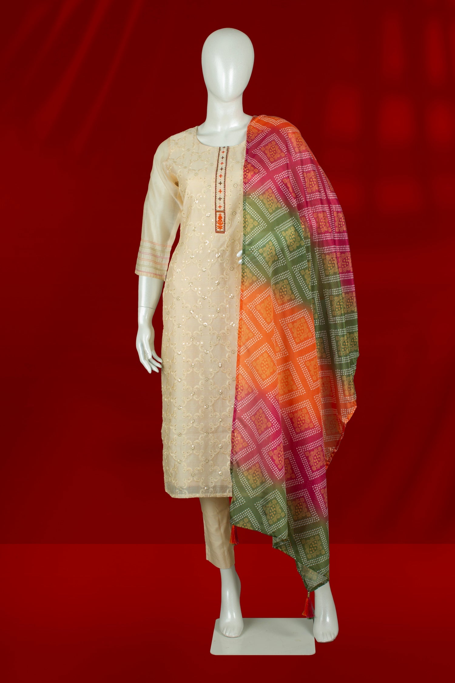 Cream Multi Colour Straight Cut Salwar Suit -Salwar Suit- Just Salwars