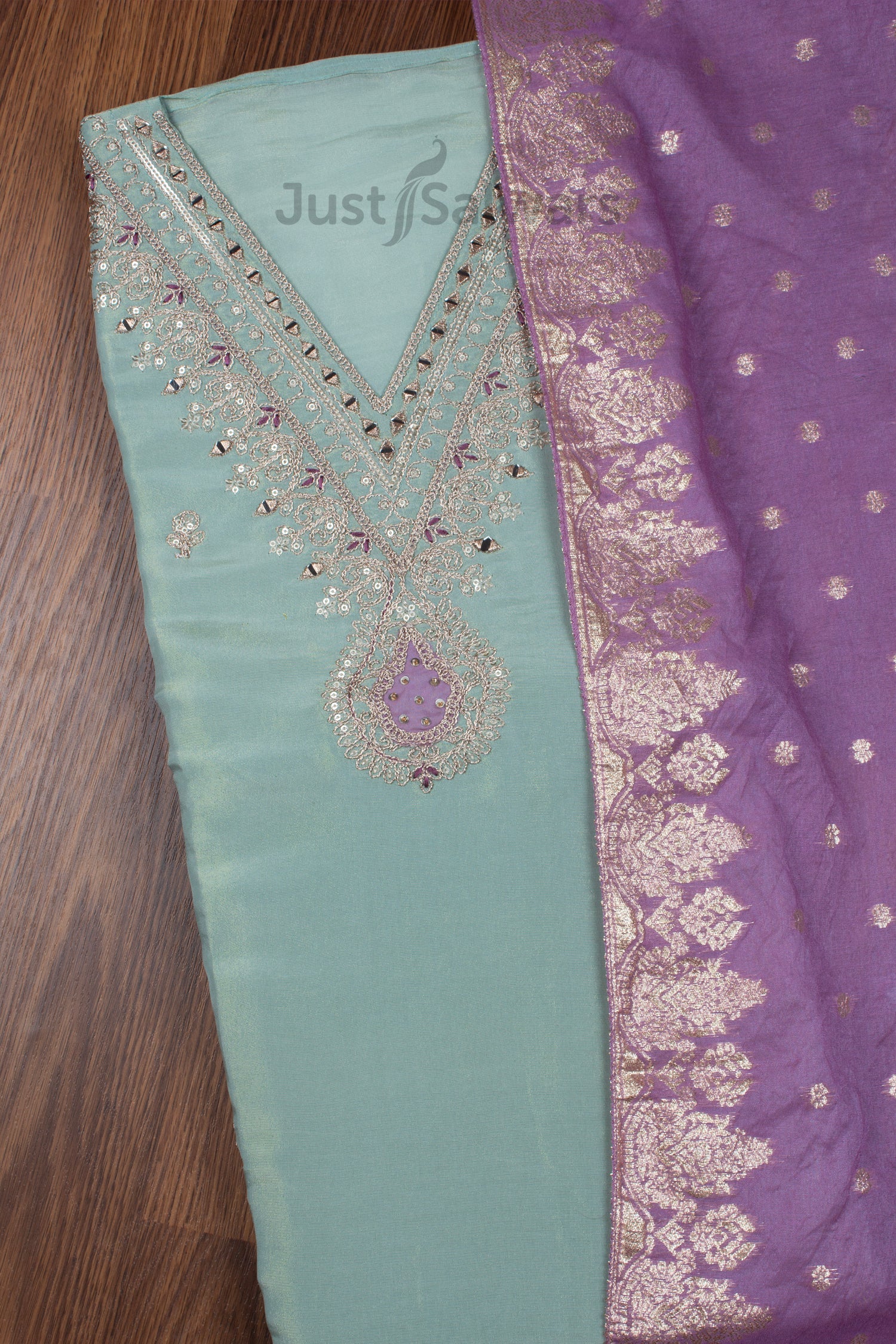 Cyan and Purple Silk Dress Material -Dress Material- Just Salwars