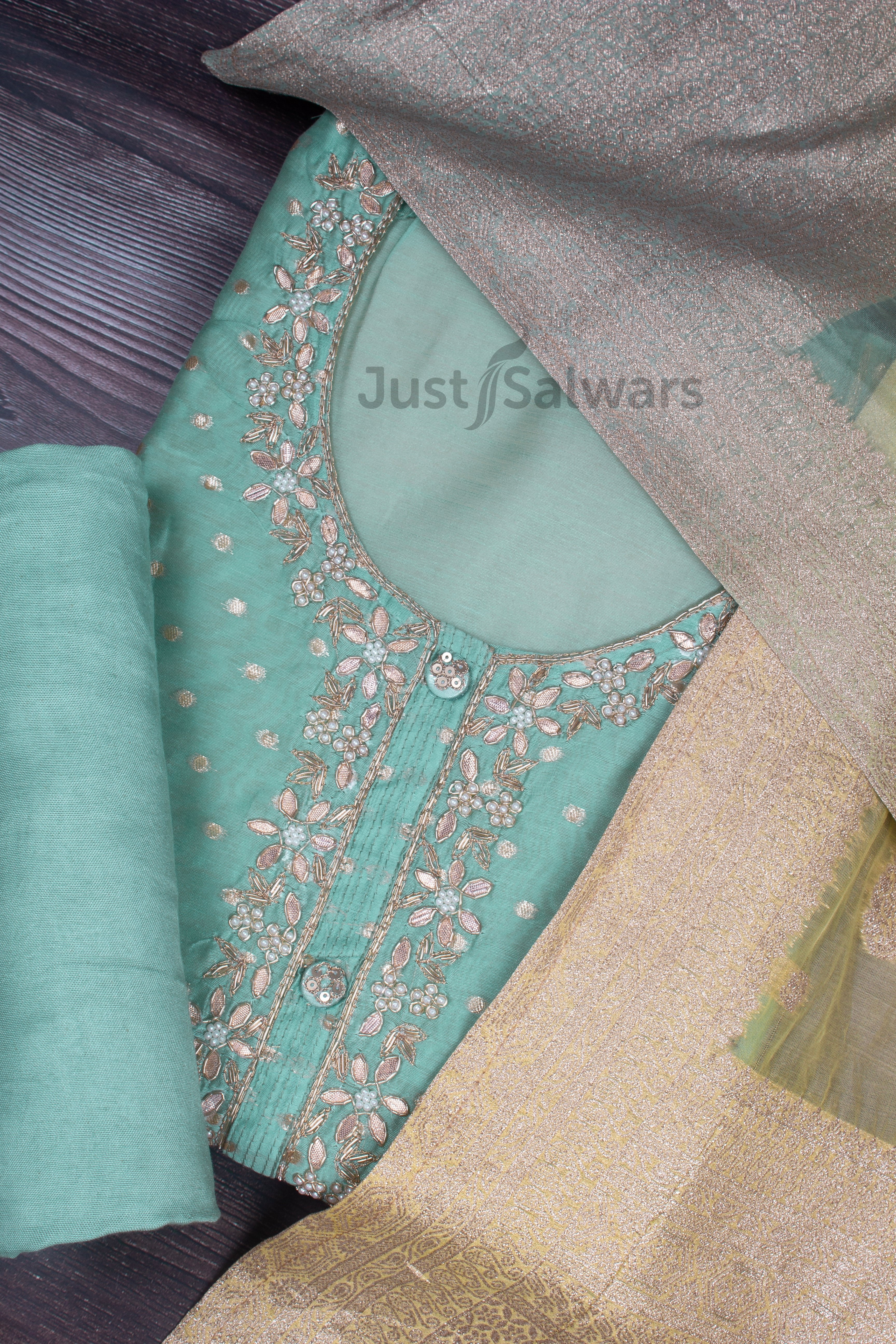 Cyan and Yellow Colour Silk Cotton Dress Material -Dress Material- Just Salwars