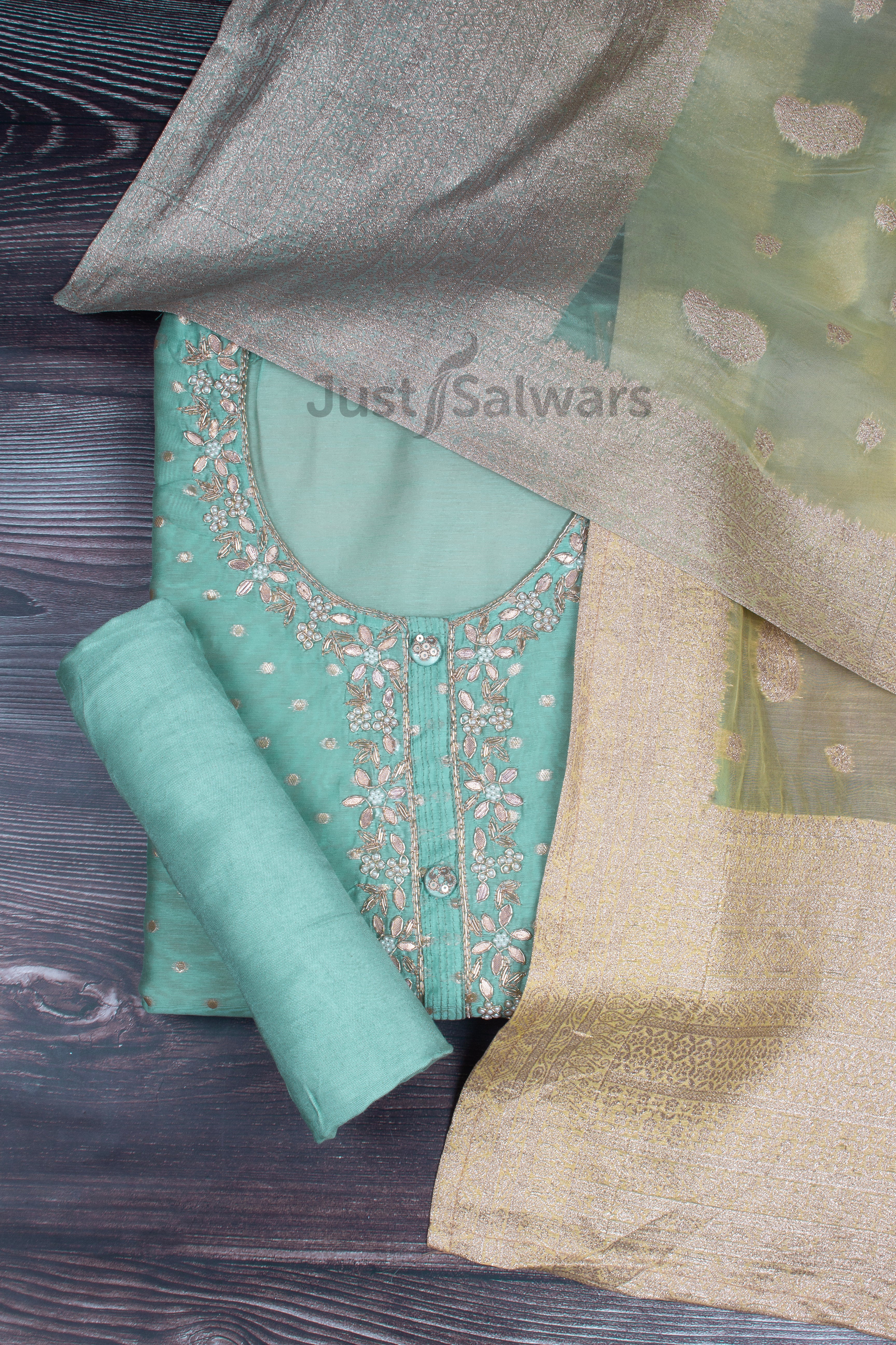 Cyan and Yellow Colour Silk Cotton Dress Material -Dress Material- Just Salwars