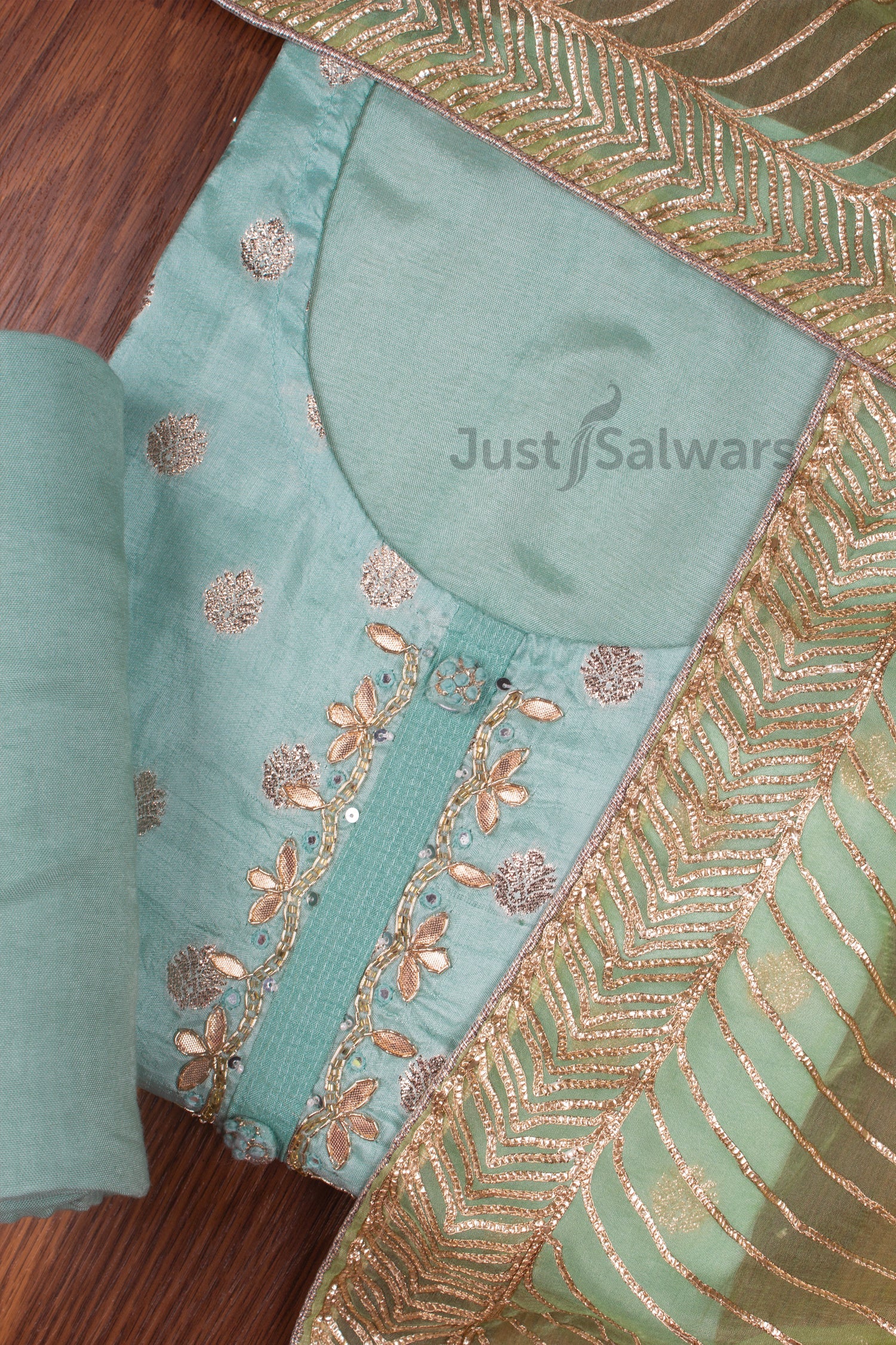 Cyan Green and Yellow Colour Silk Dress Material -Dress Material- Just Salwars