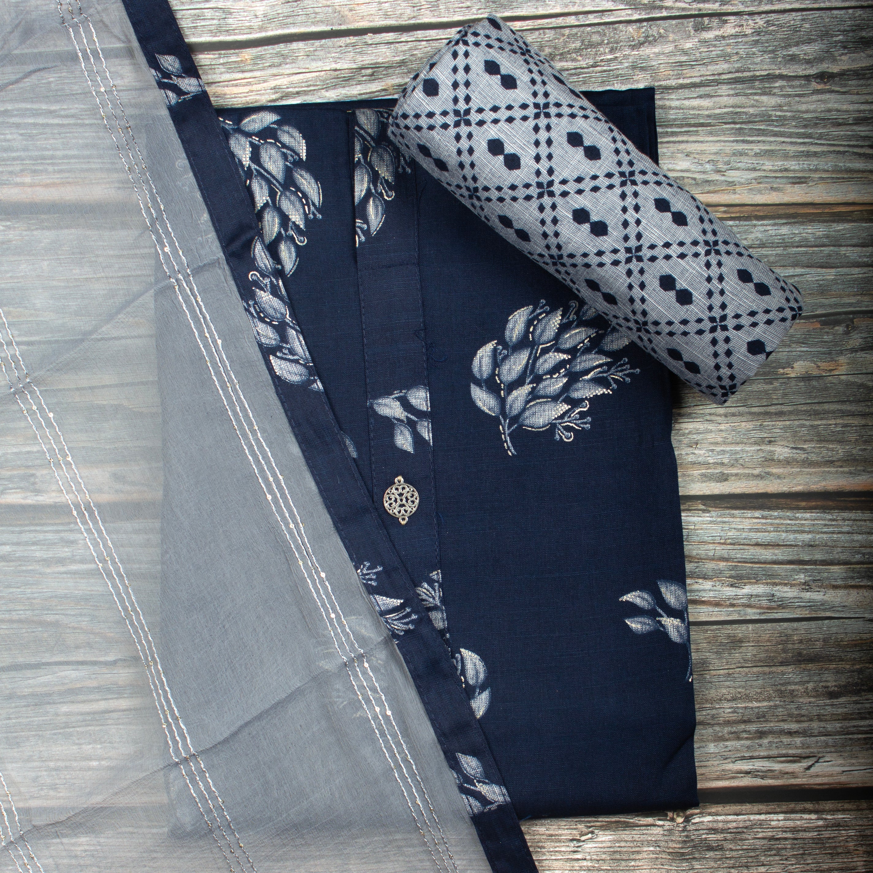 Dark Blue and Ash Colour Silk Cotton Dress Material -Dress Material- Just Salwars