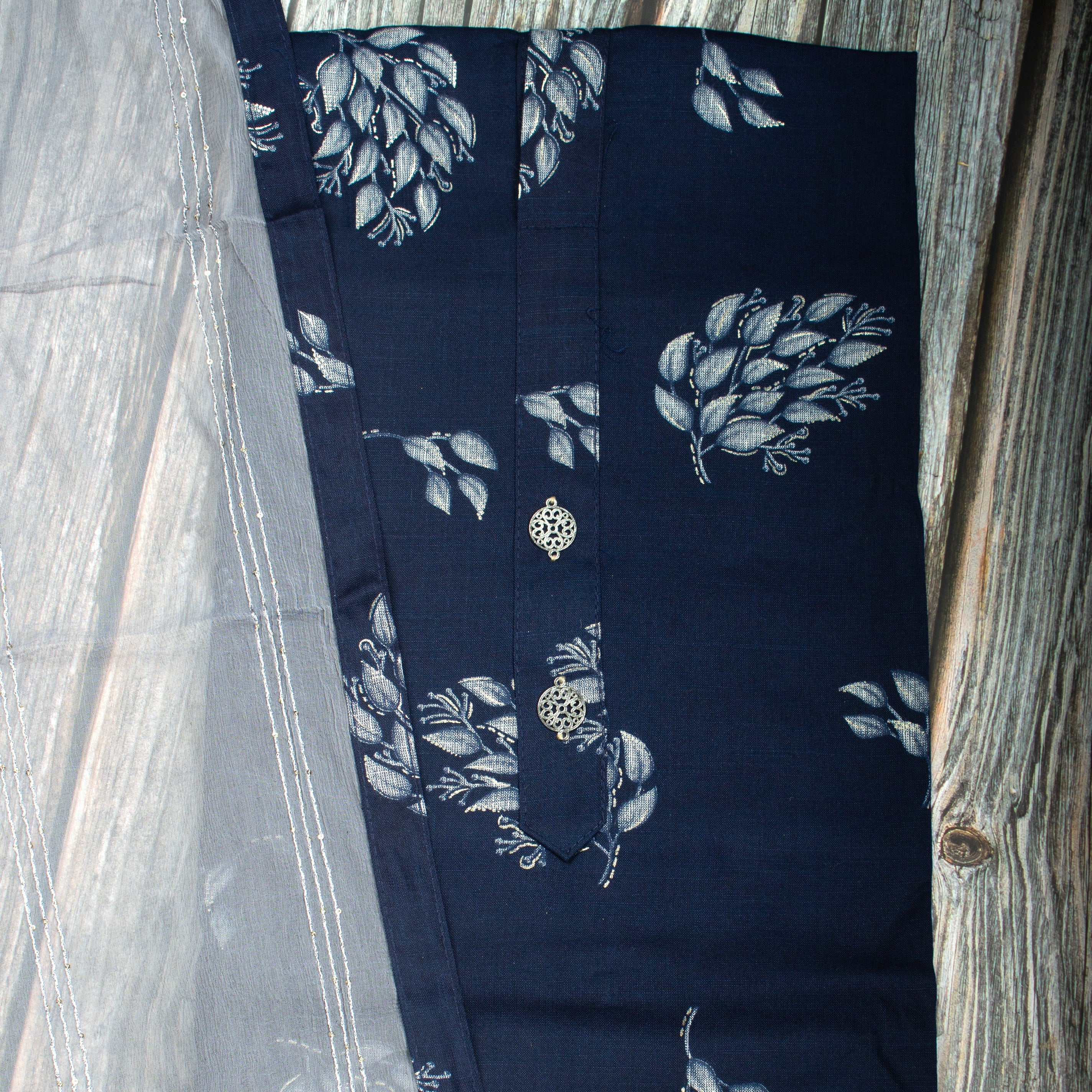 Dark Blue and Ash Colour Silk Cotton Dress Material -Dress Material- Just Salwars