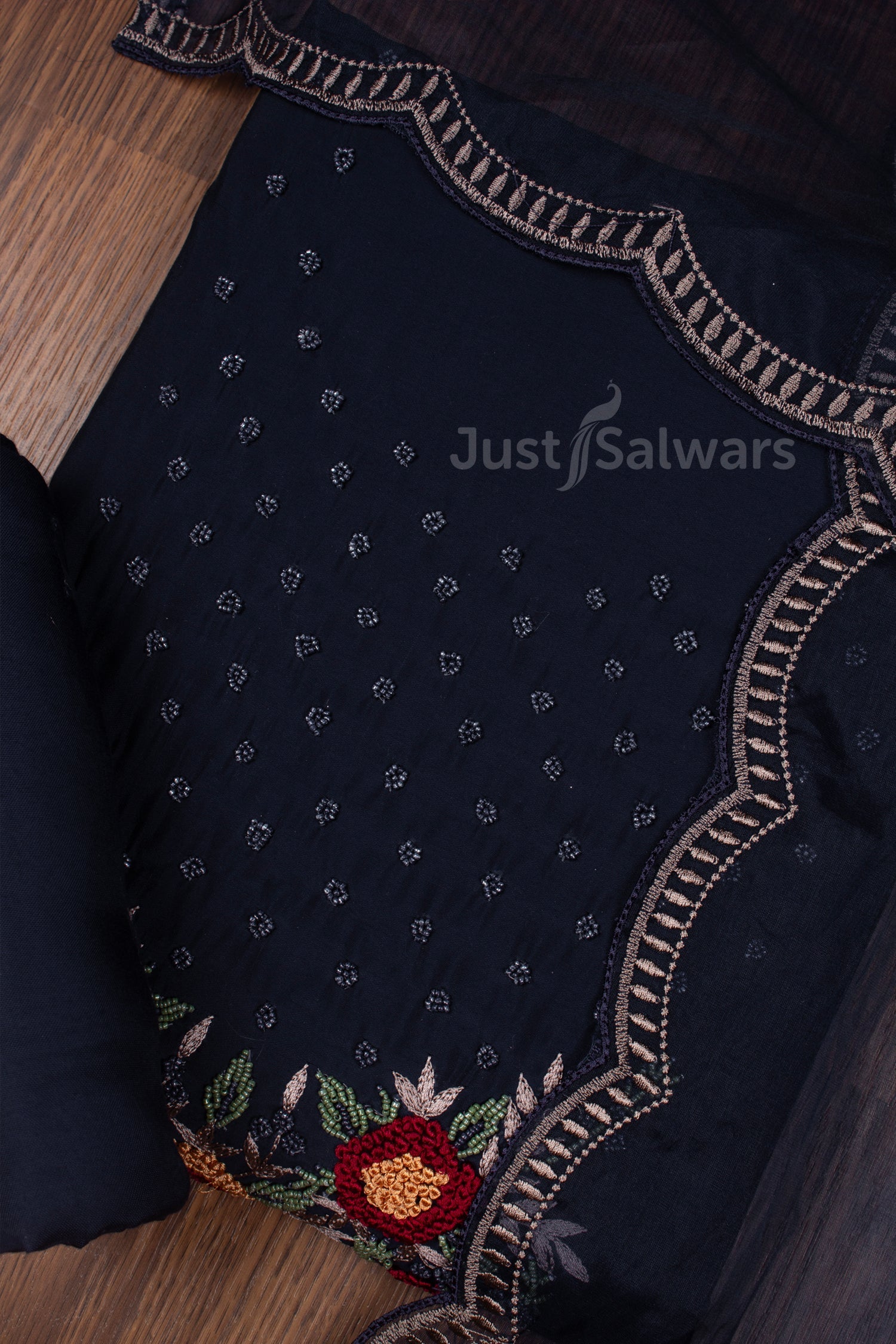 Dark Blue Colour Muslin Dress Material with Organza Dupatta -Dress Material- Just Salwars