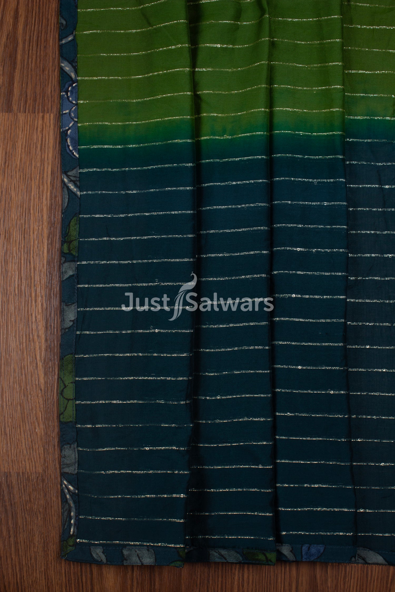 Green and Blue Colour Muslin Dress Material with Silk Cotton Dupatta -Dress Material- Just Salwars