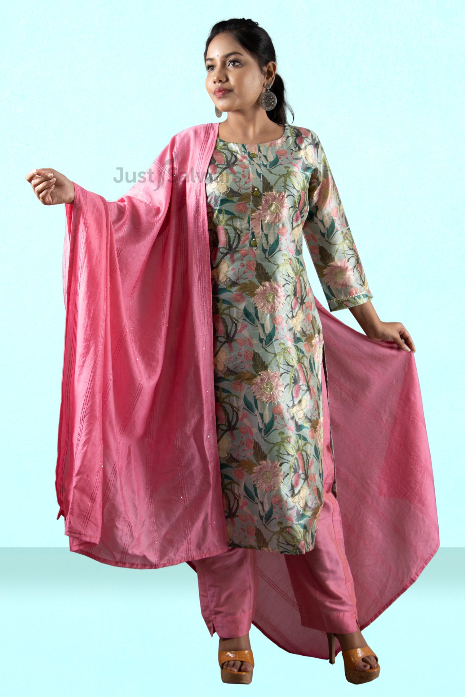 Green and Light Pink Colour Silk Cotton Straight Cut Salwar Suit -Salwar Suit- Just Salwars