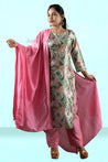 Green and Light Pink Colour Silk Cotton Straight Cut Salwar Suit -Salwar Suit- Just Salwars