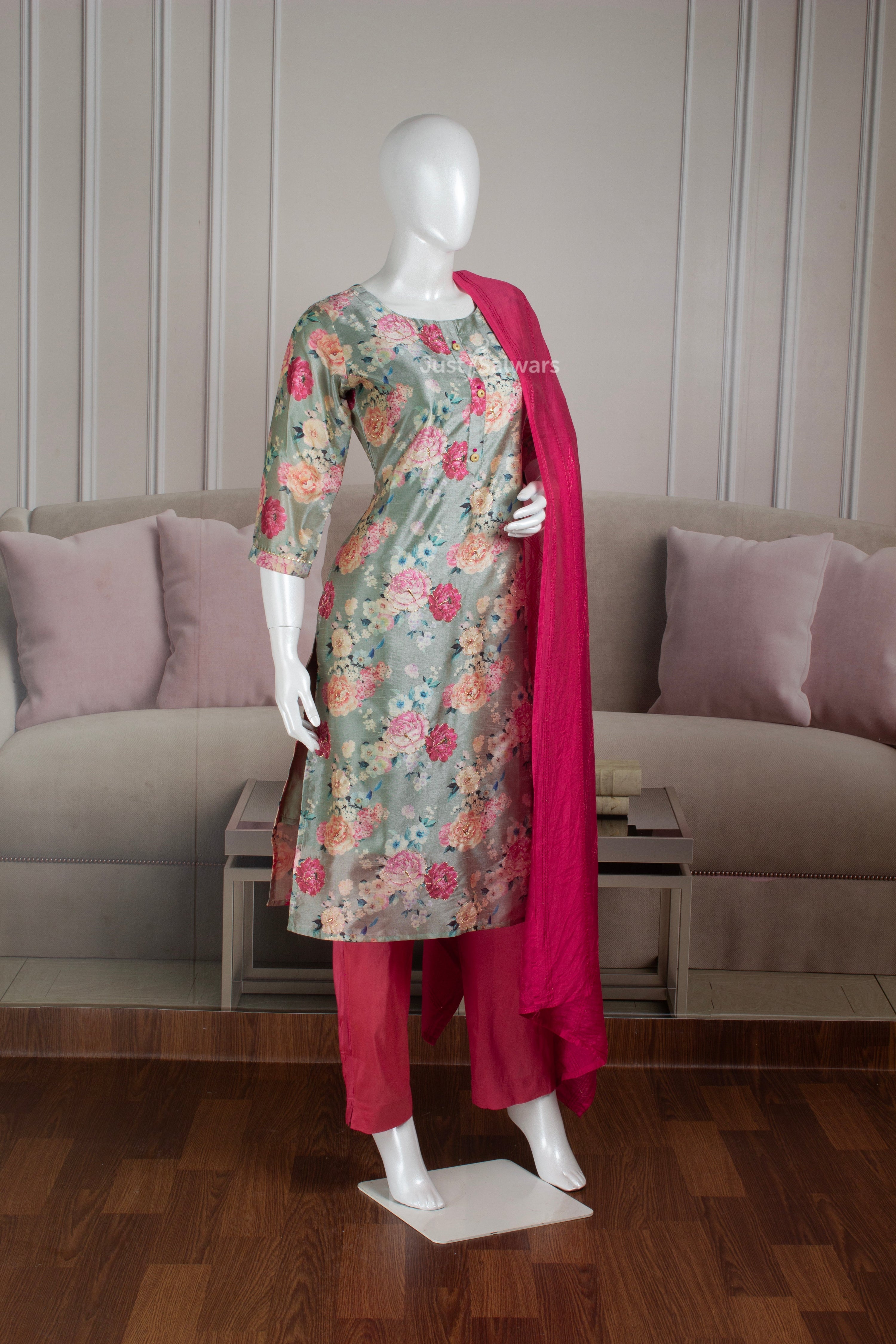 Green and Pink Colour Silk Cotton Straight Cut Salwar Suit -Salwar Suit- Just Salwars