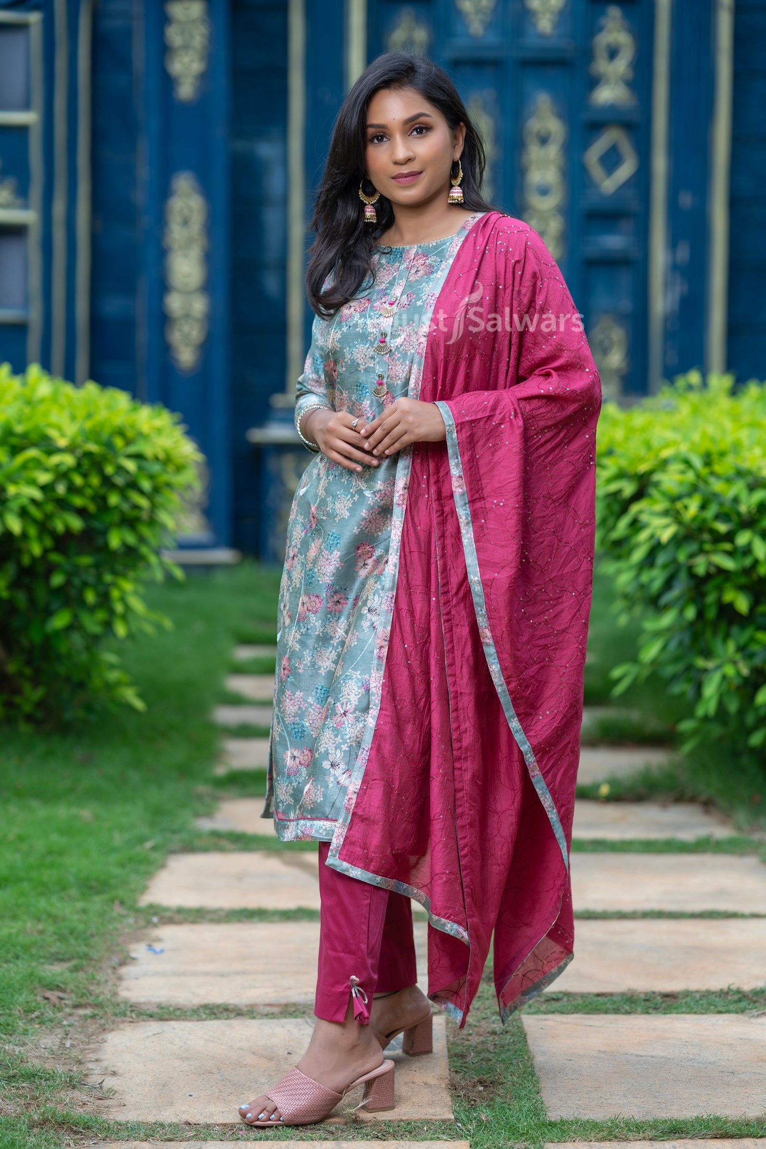 Green and Pink Colour Unstitched Dress Material -Dress Material- Just Salwars