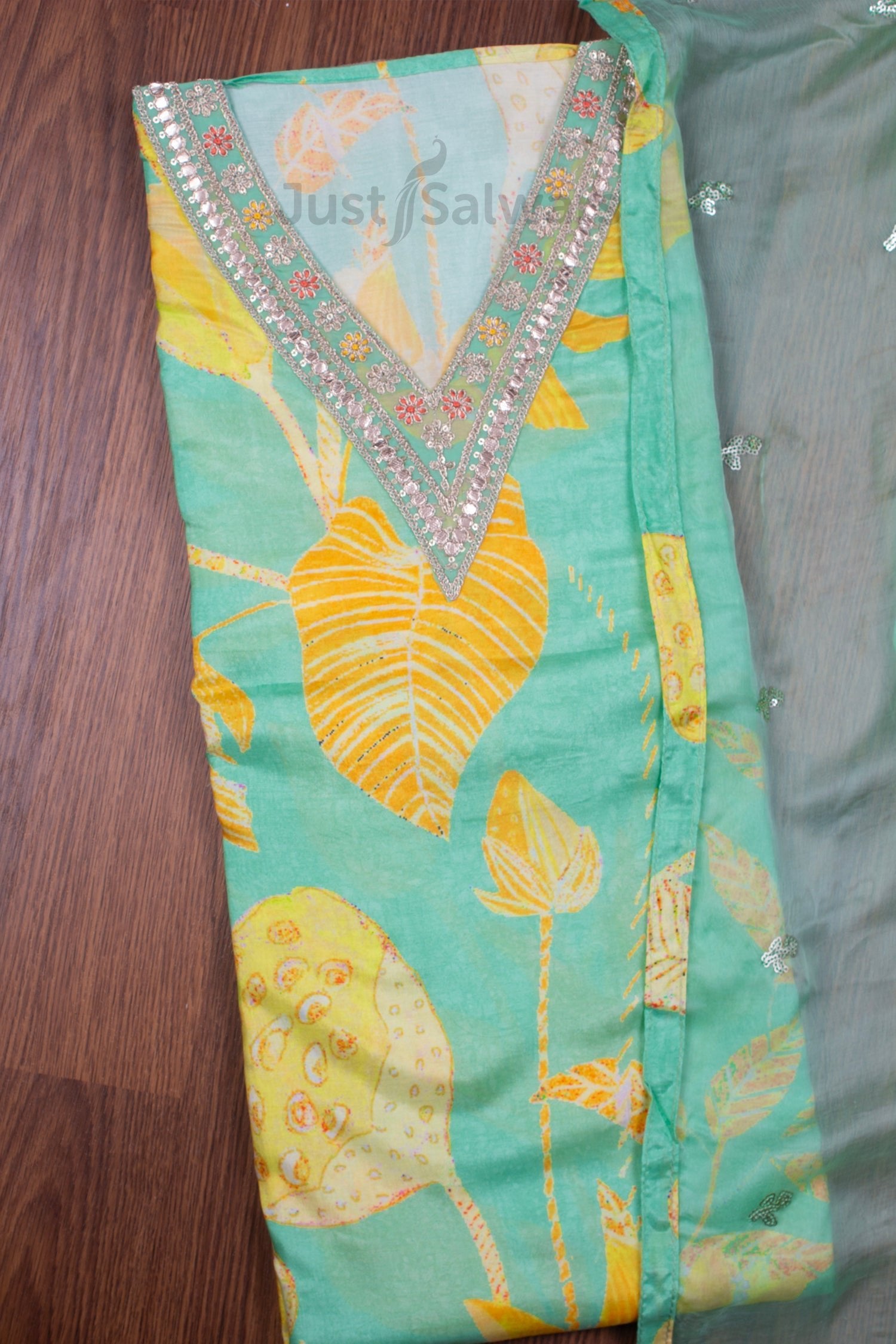 Green and Yellow Colour Muslin Silk Dress Material -Dress Material- Just Salwars
