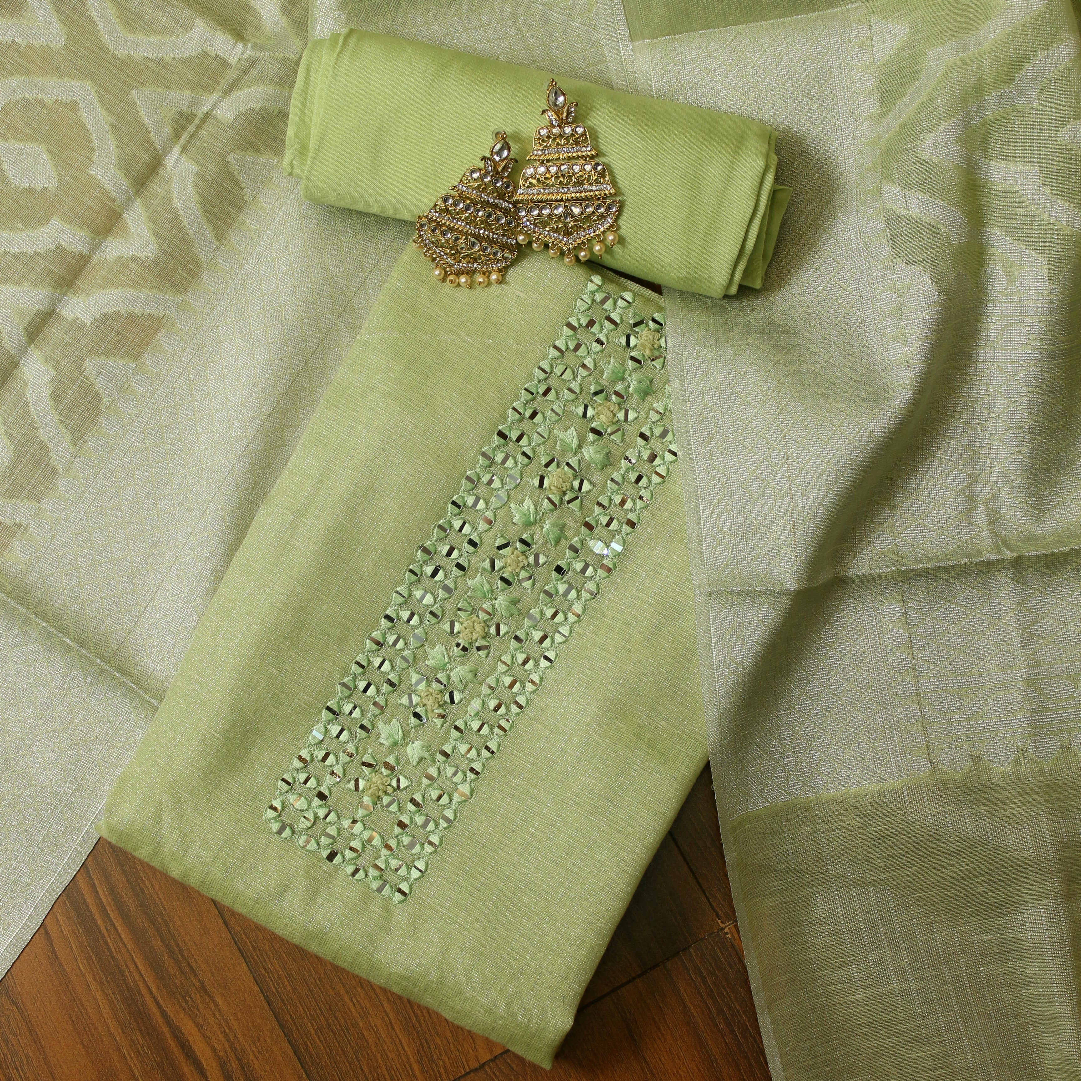Green and Yellow Colour Tissue Silk Unstitched Dress Material -- Just Salwars