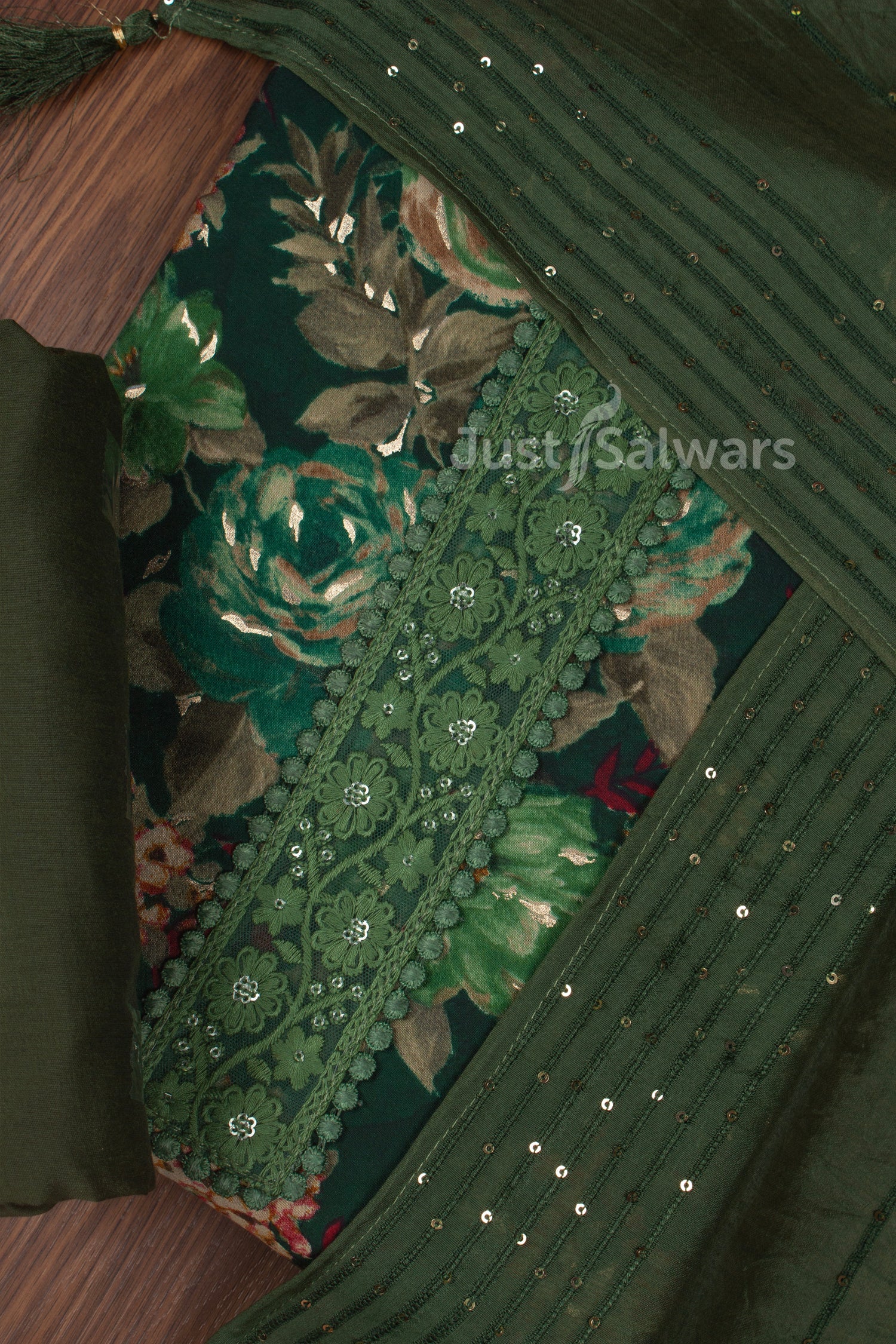 Green Colour Muslin Dress Material with Silk Cotton Dupatta -Dress Material- Just Salwars