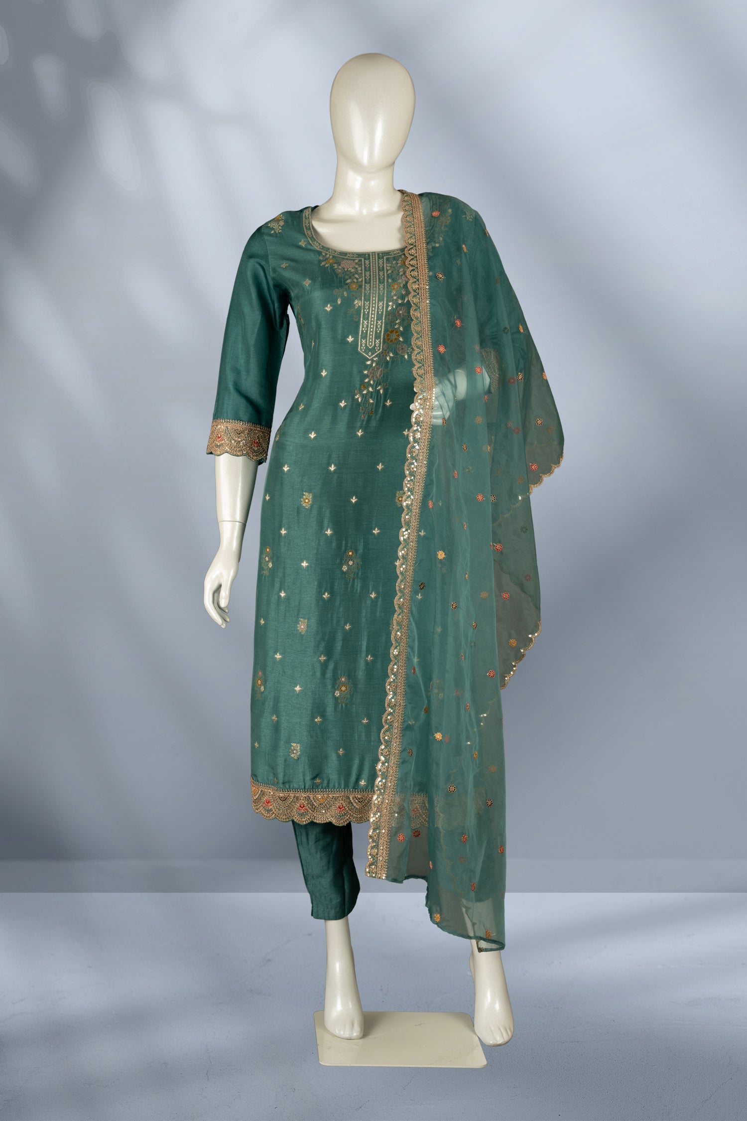 Green Colour Muslin Straight Cut Salwar Suit -Salwar Suit- Just Salwars