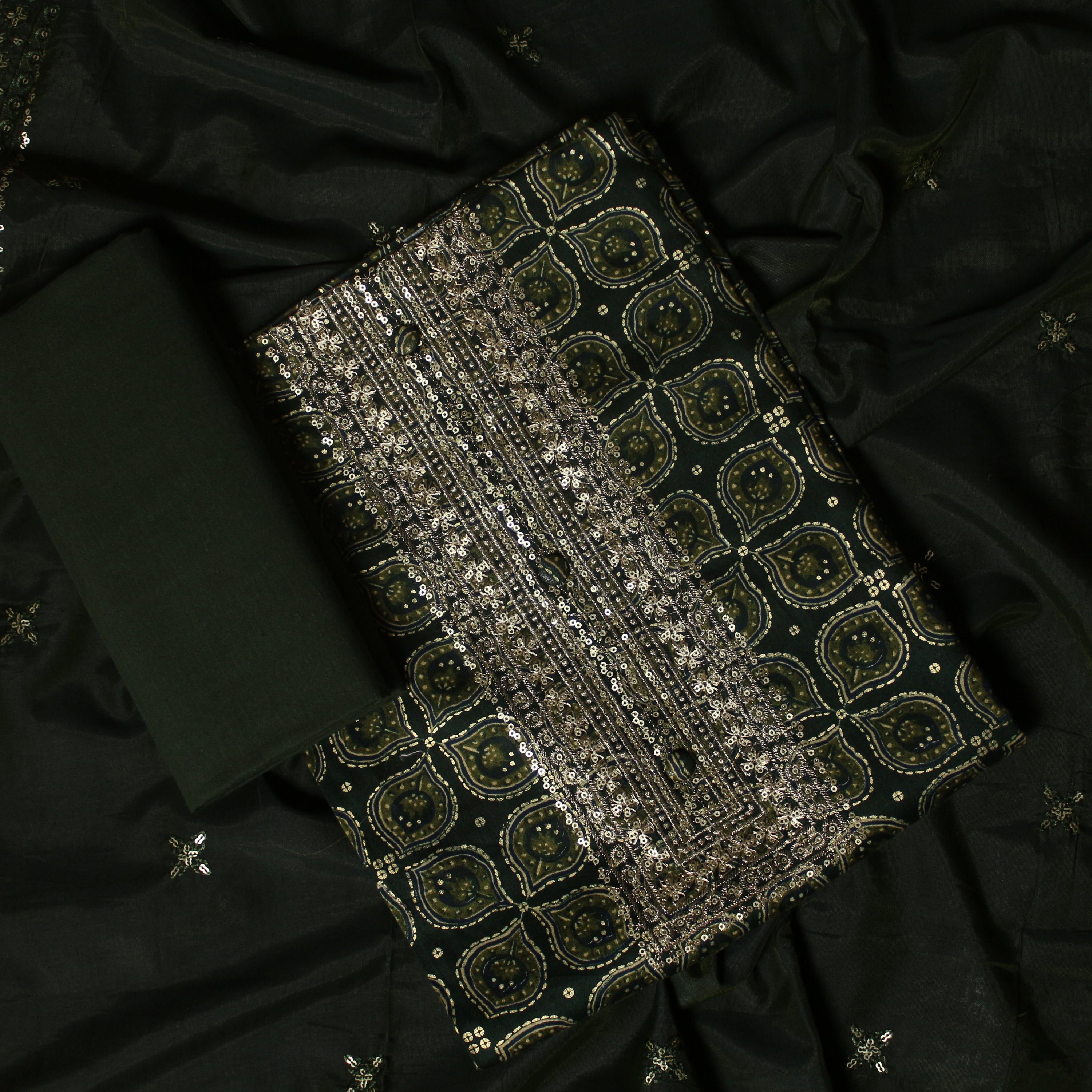 Green Colour Silk Cotton Partywear Dress Material -Dress Material- Just Salwars