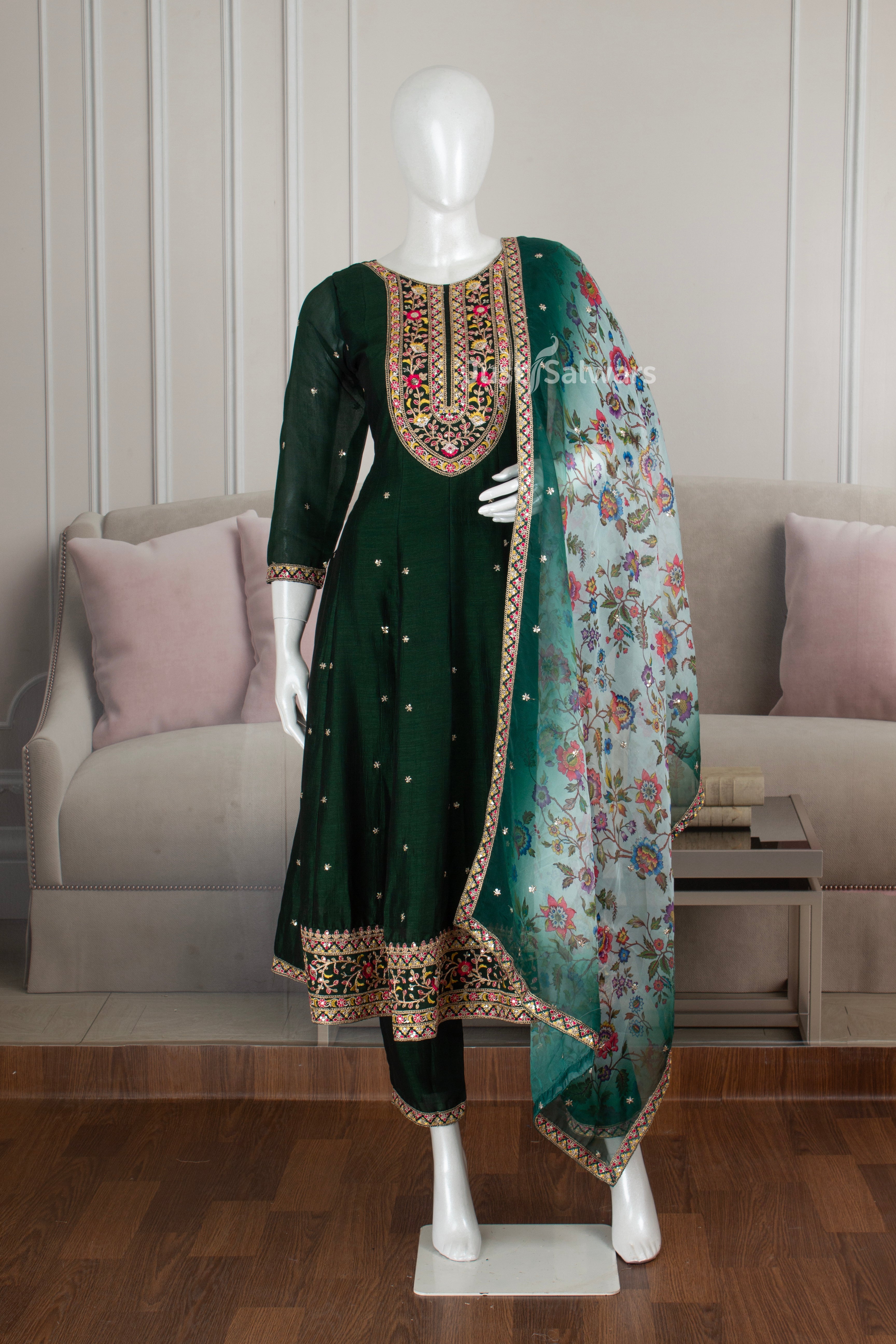 Green Colour Soft Silk Anarkali Suit Set -Anarkali- Just Salwars