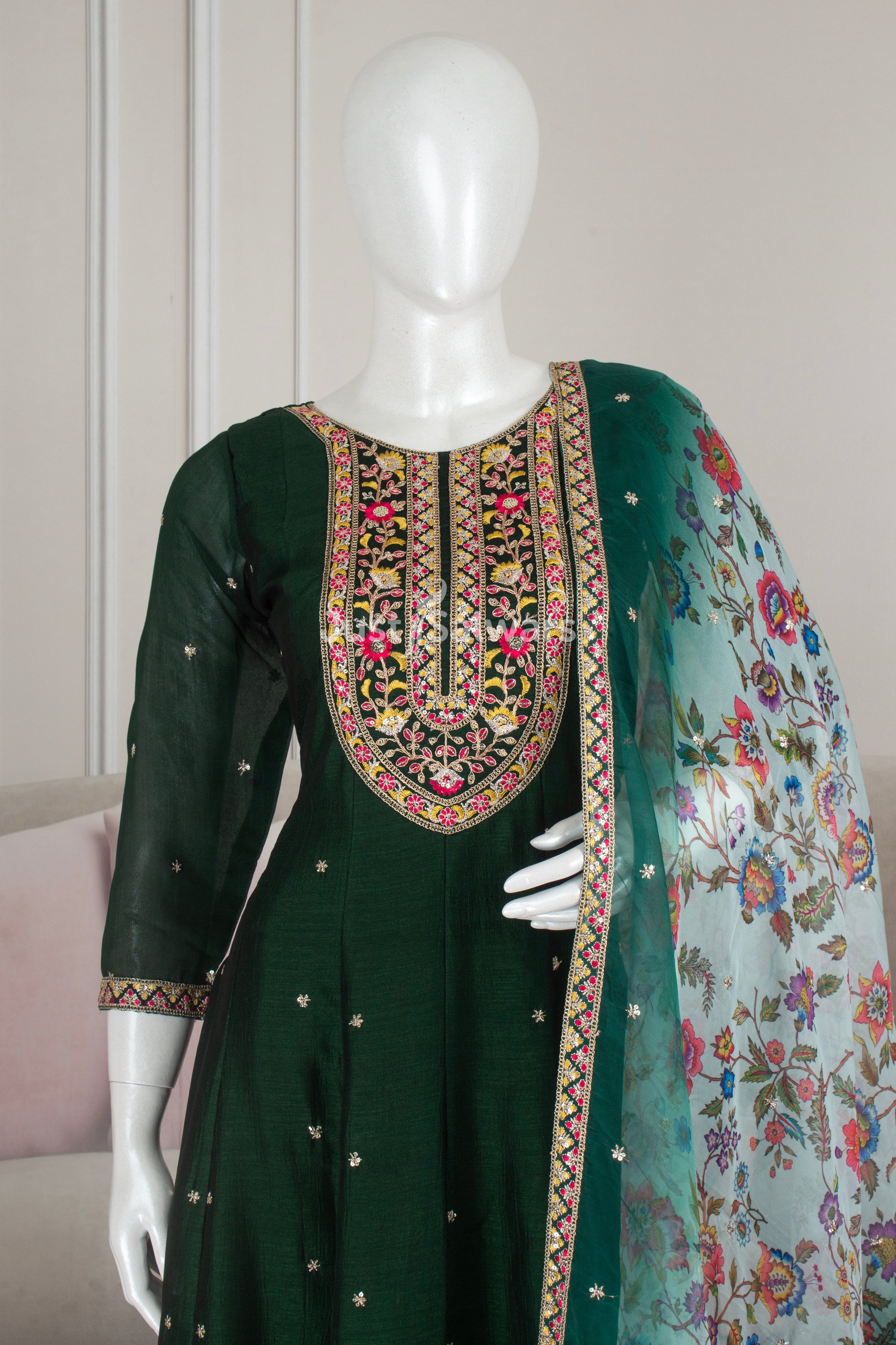 Green Colour Soft Silk Anarkali Suit Set -Anarkali- Just Salwars